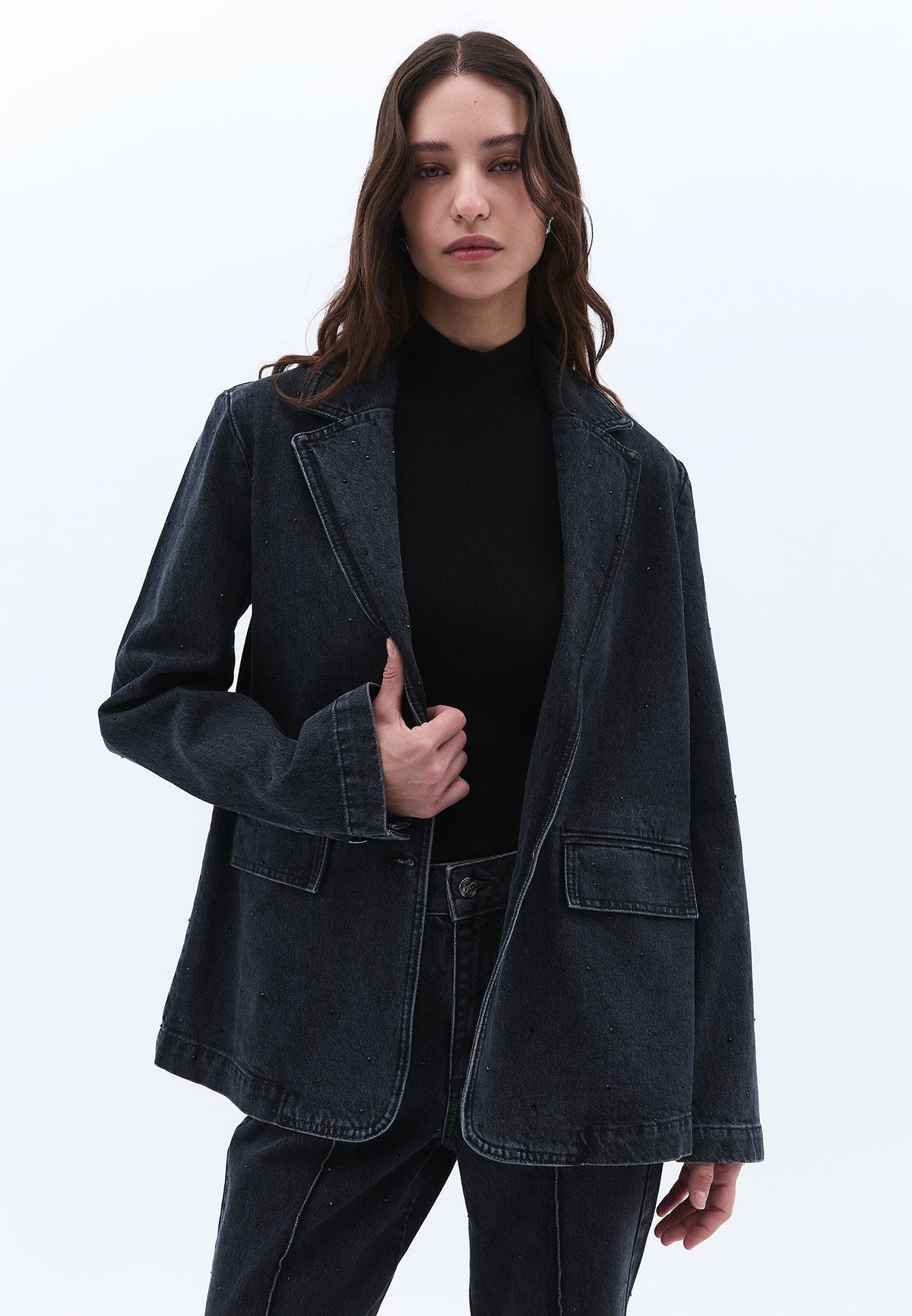 Double-Breasted Collar Oversize Tunic Blazer Jacket - BLACK DENIM