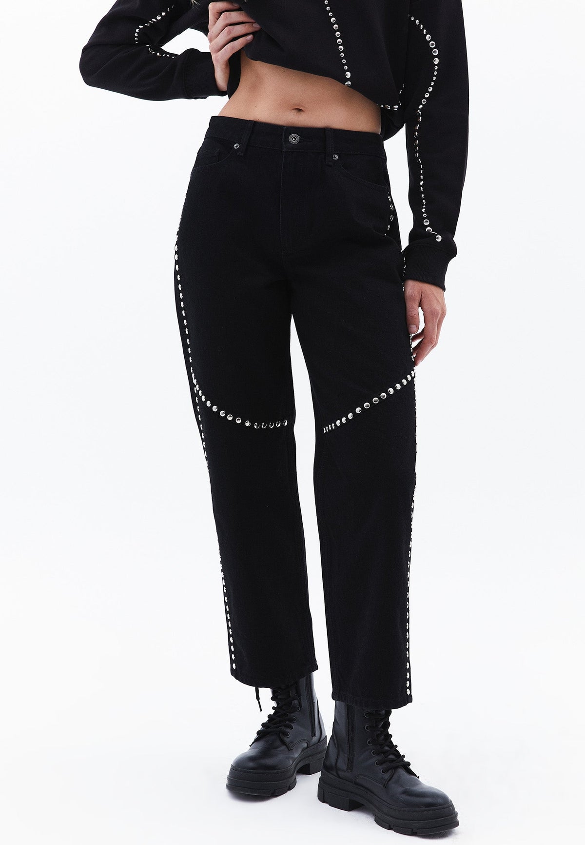 Denim High Waist Straight 5 Pocket Pants - BLACK DENIM