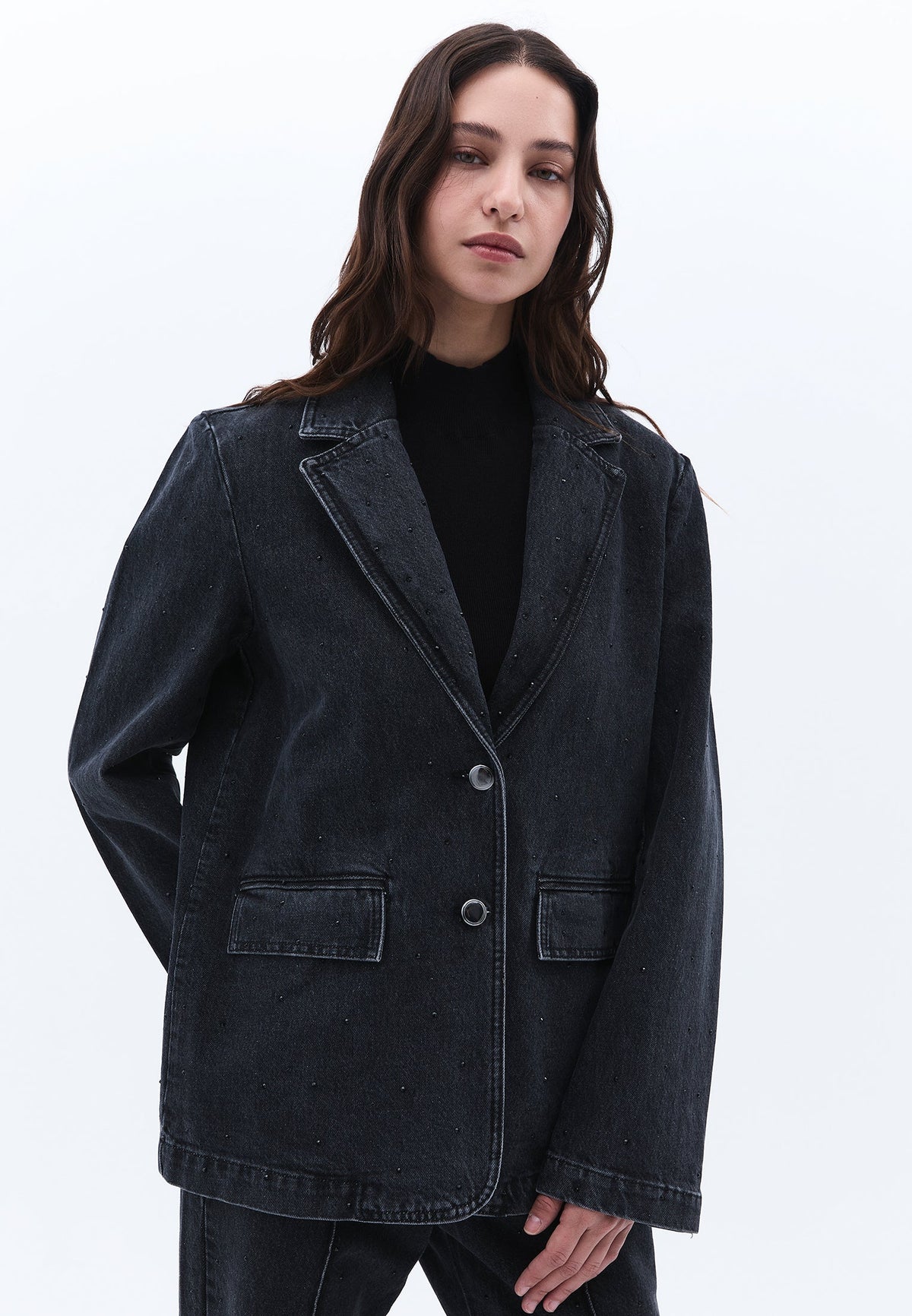Double-Breasted Collar Oversize Tunic Blazer Jacket - BLACK DENIM