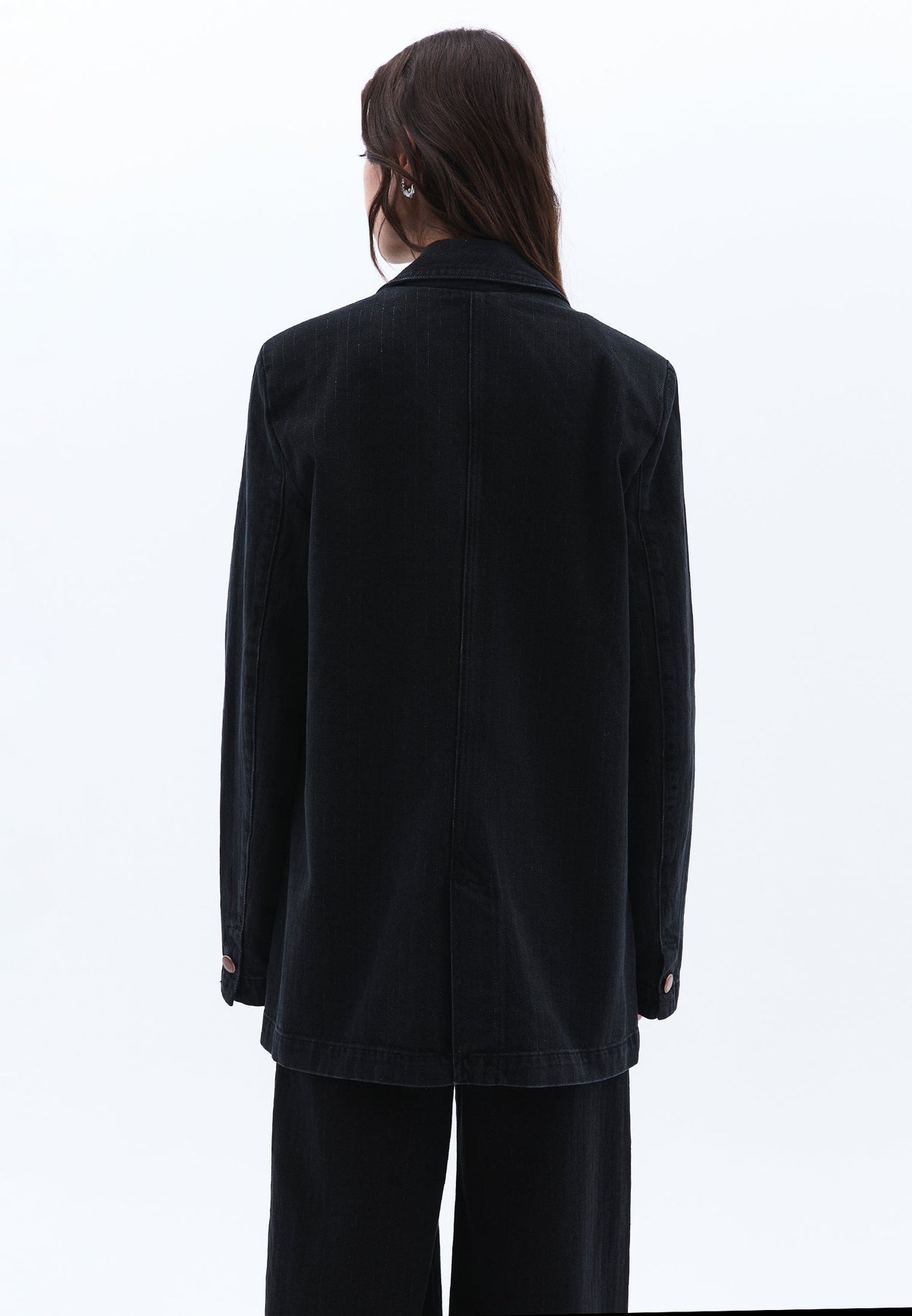 Double Breasted Lapel Boyfriend Blazer Jacket - BLACK DENIM