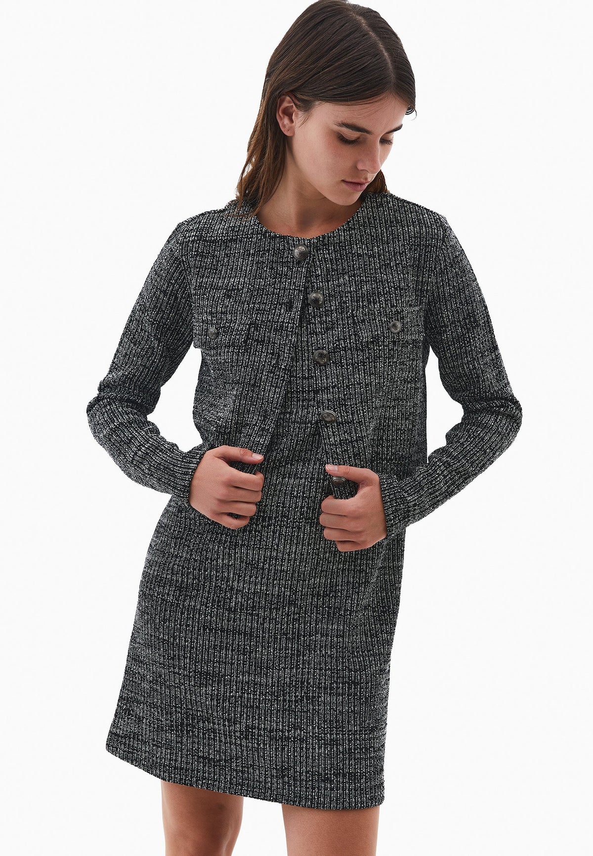 Buttoned Round Neck Cardigan - BLACK MELANGE