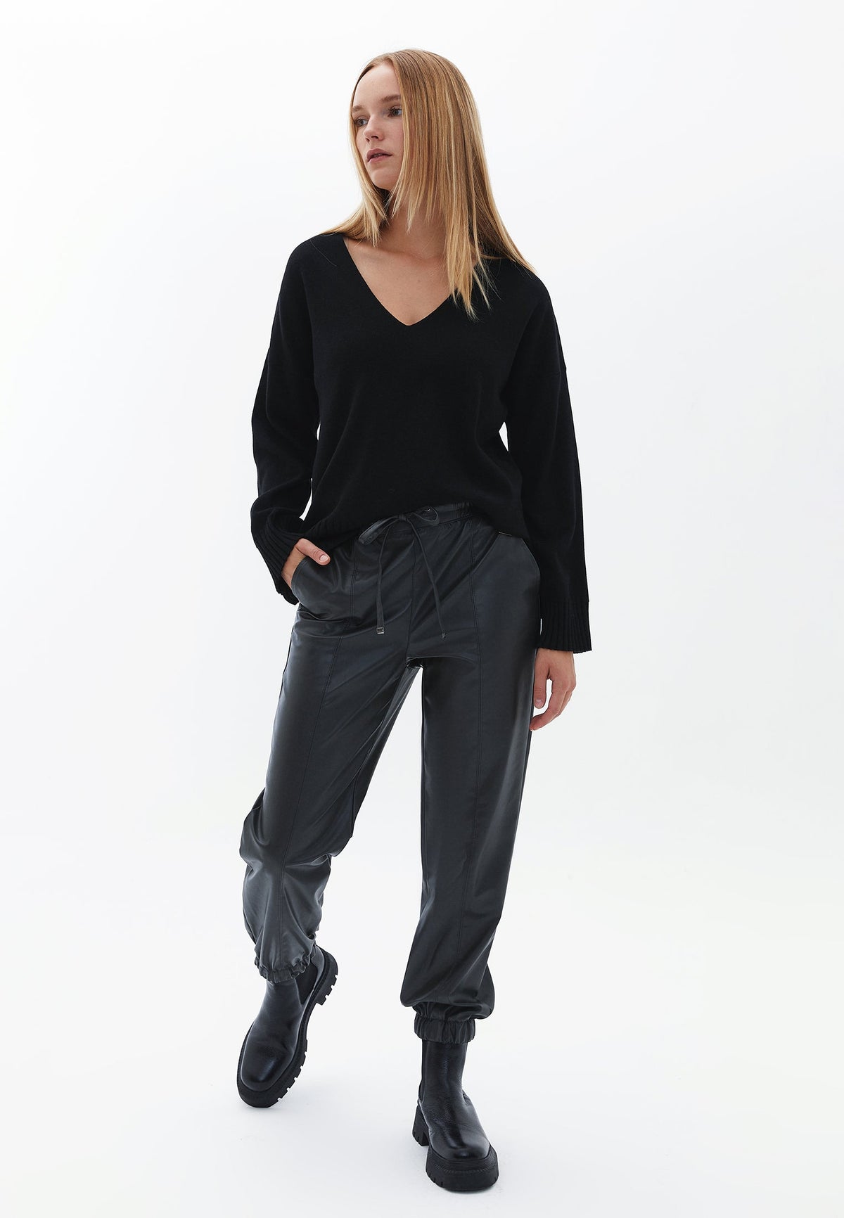 High Waist Cut Jogger Pants - BLACK OLIVE