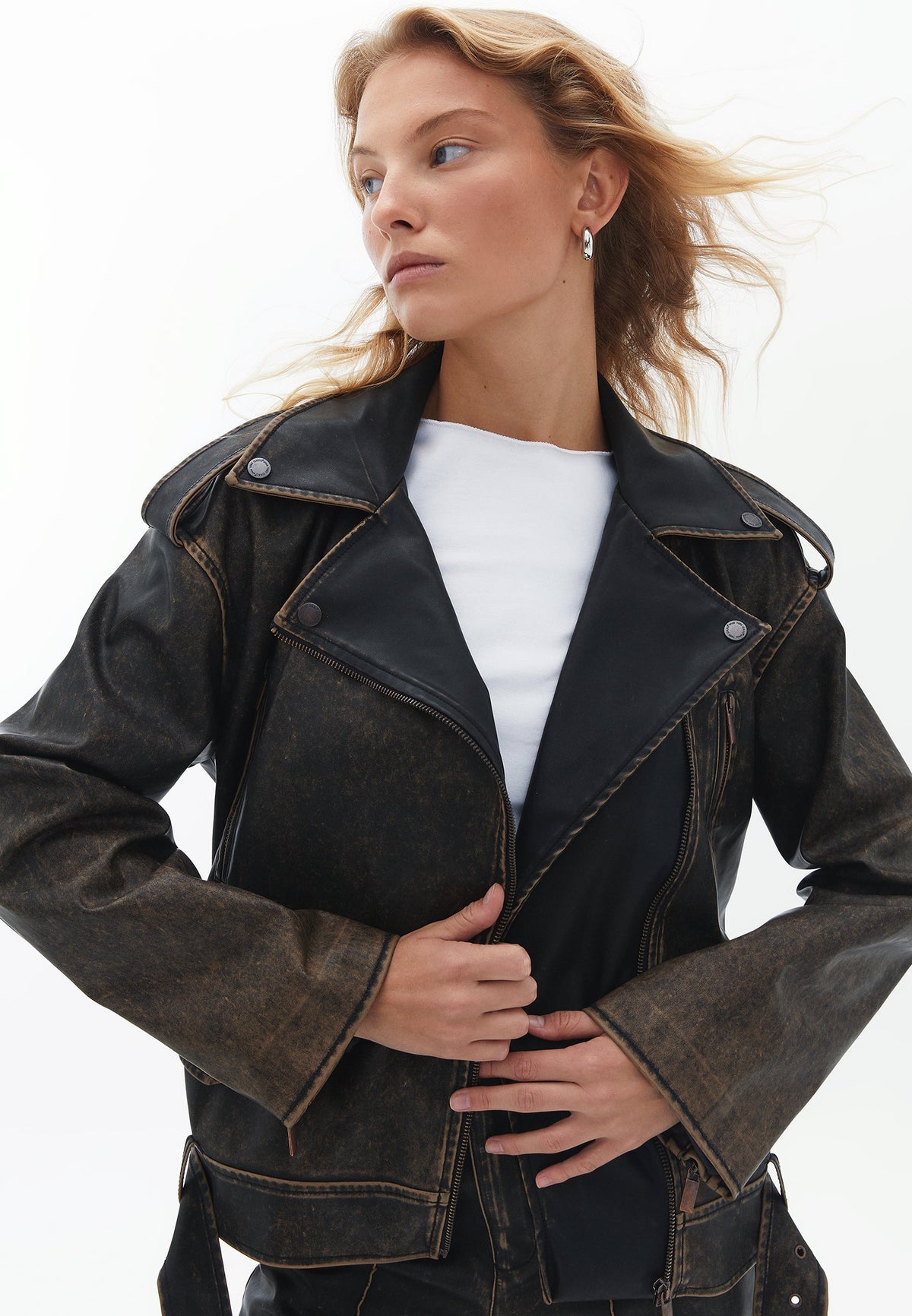 Vintage Oversize Faux Leather Jacket - BLACK OLIVE