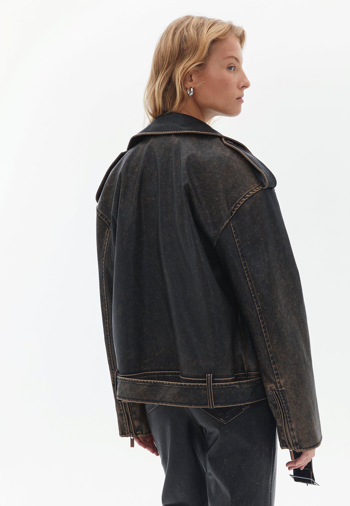 Vintage Oversize Faux Leather Jacket - BLACK OLIVE