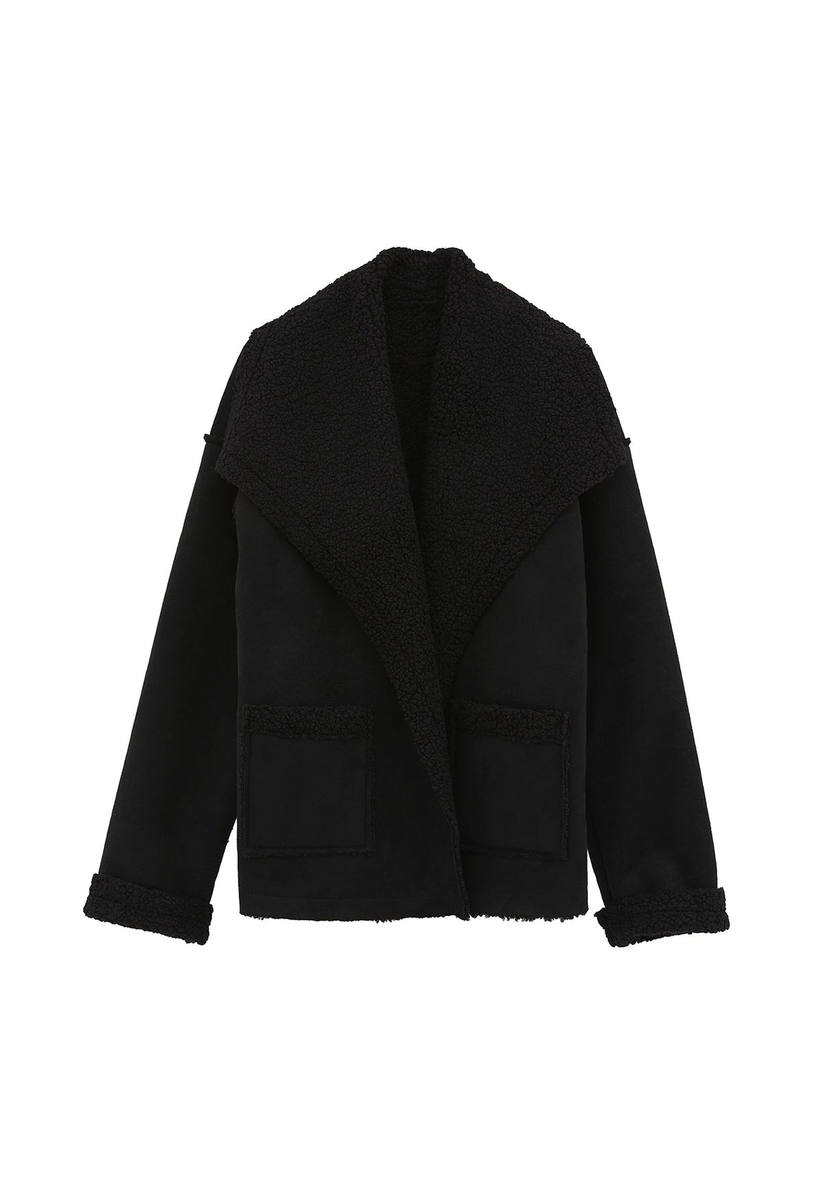 Shawl Collar Long Sleeve Bouclé Jacket - BLACK