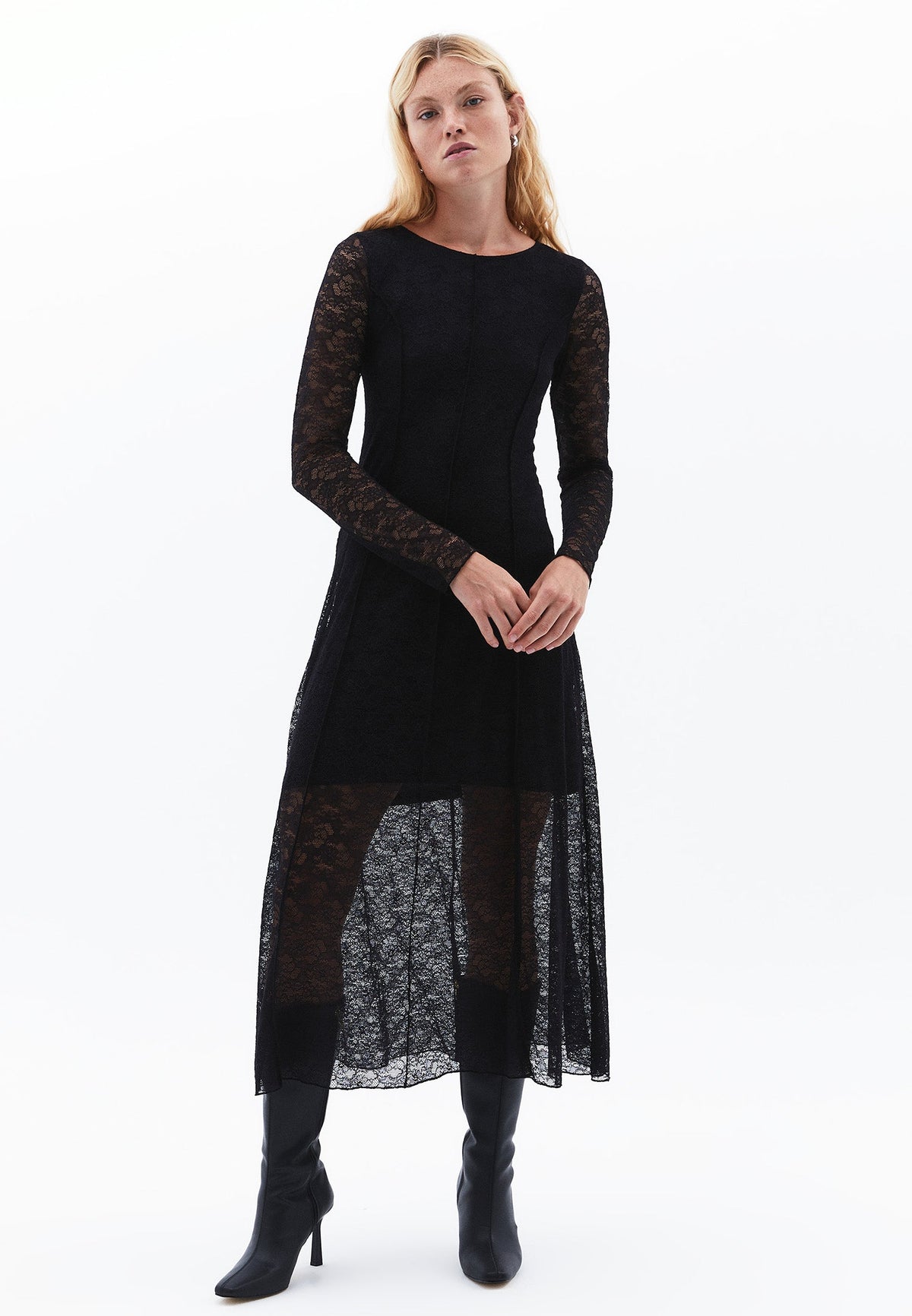 A-Line Long Crew Neck Cut-Out Detailed Dress - BLACK