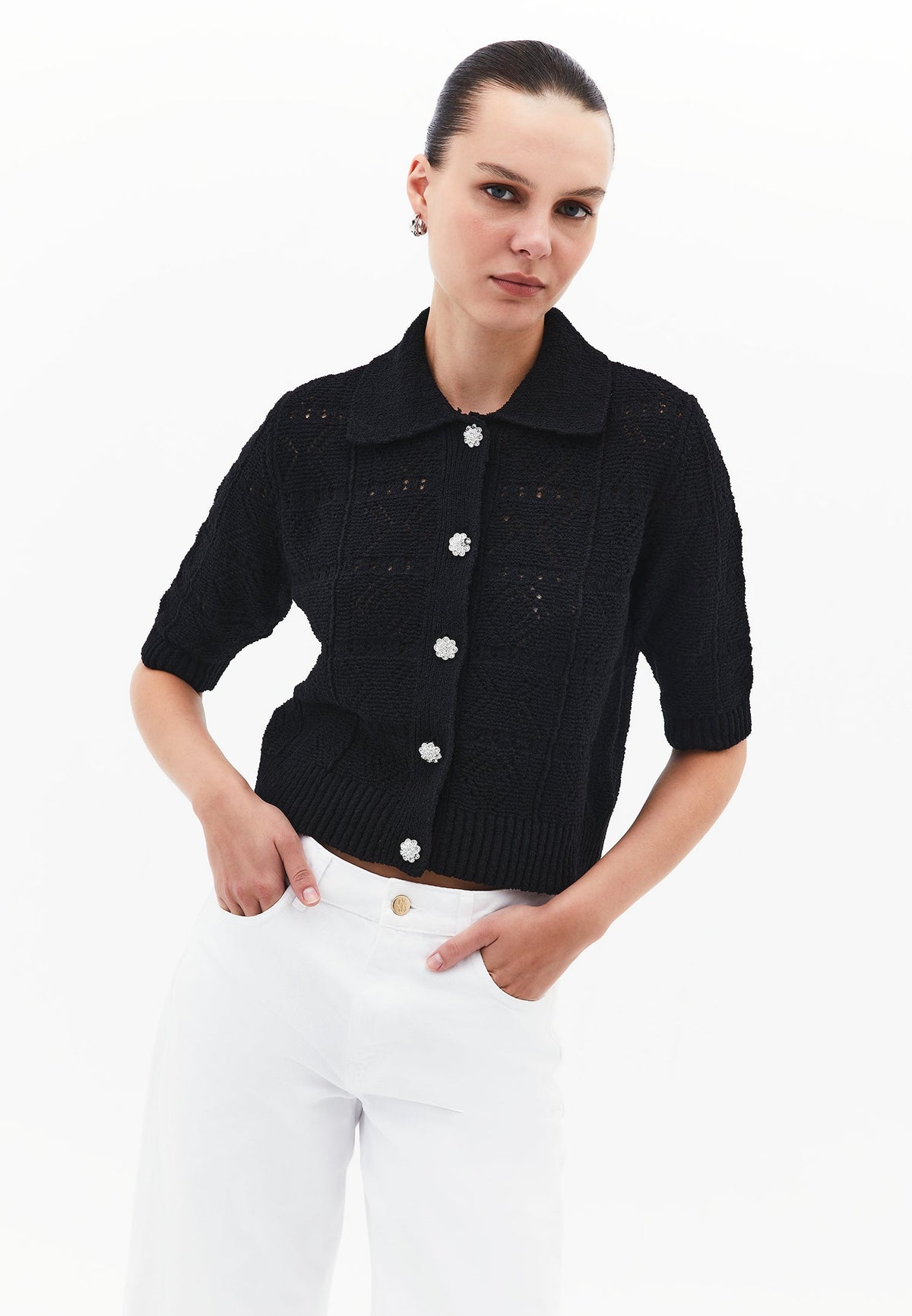 Ajour Short Cardigan With Polo Collar - BLACK