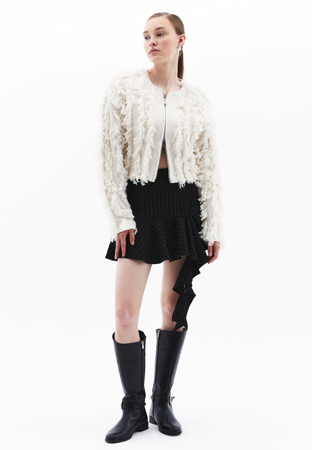 Asymmetric Striped Flared Short Skirt - BLACK