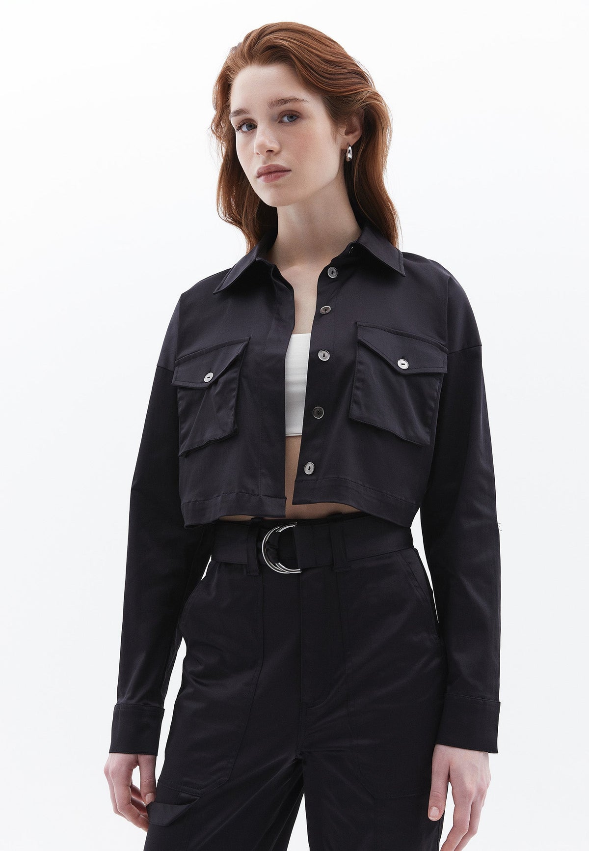Cropped Shirt With Pocket Detail And Loose Fit - BLACK