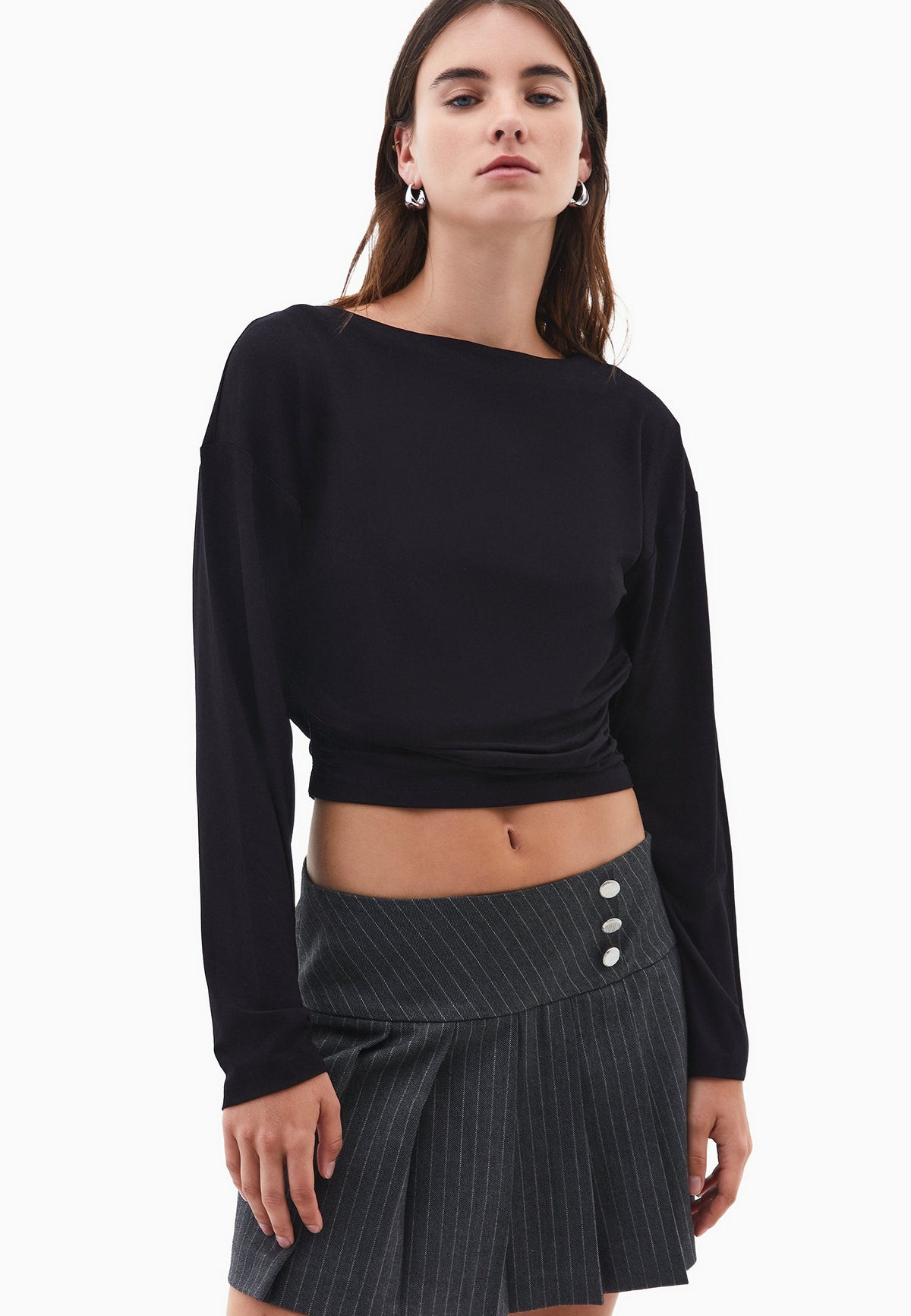 Boat Neck Long Sleeve T-Shirt - BLACK