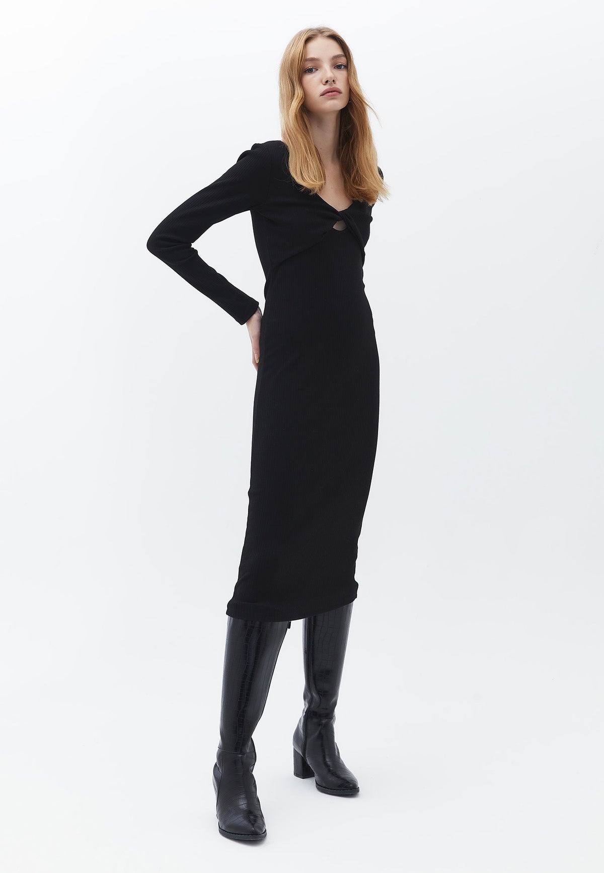 V Neck With Twisted Waist Long Sleeve Dress - BLACK