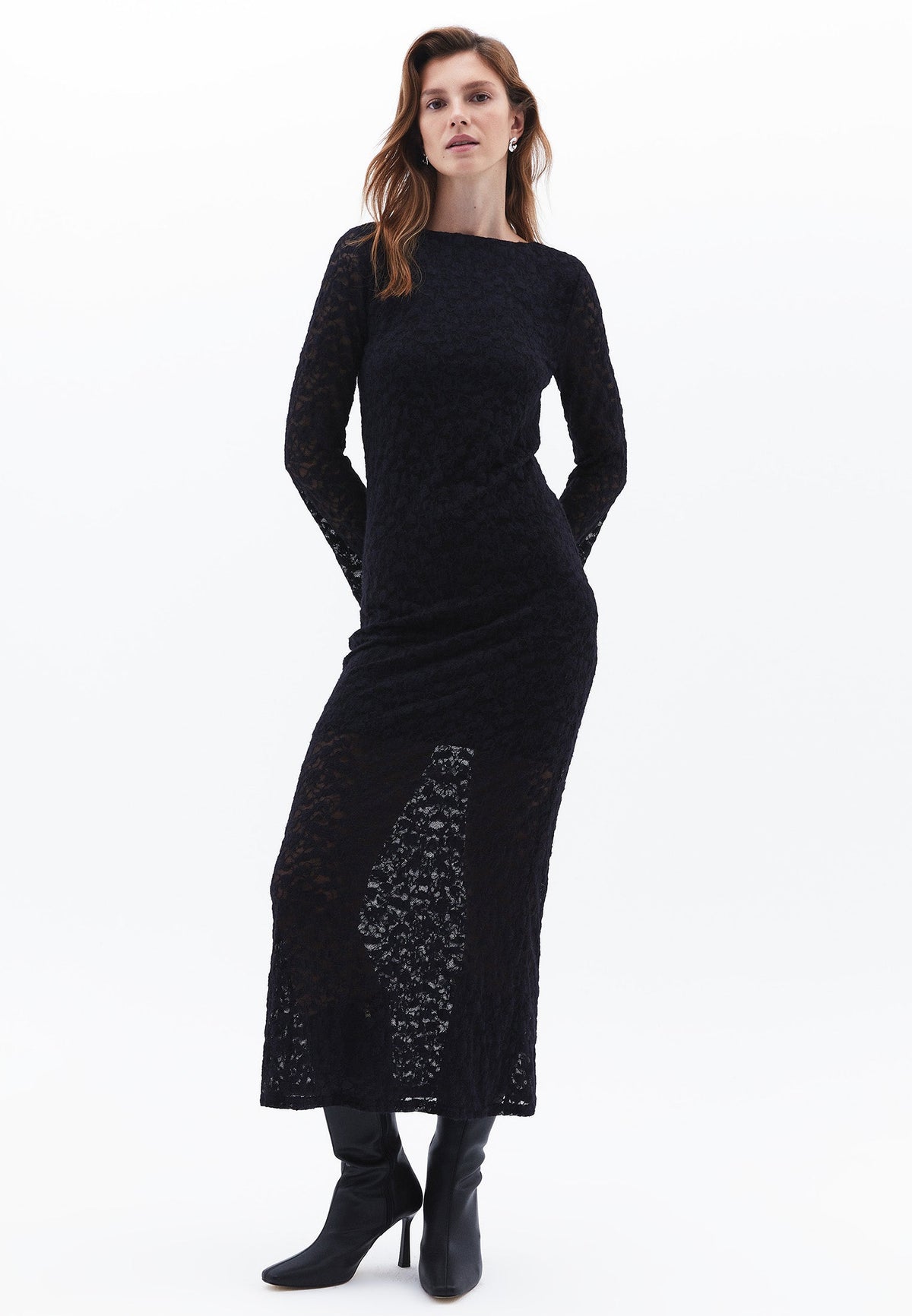Boat Neck Long Dress - BLACK