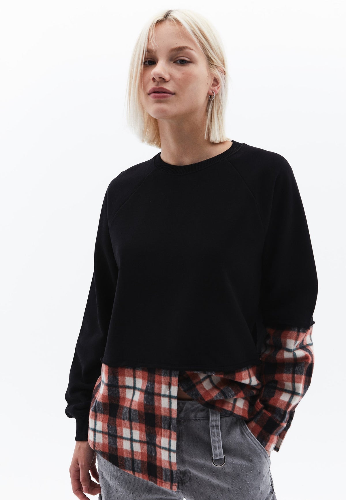 Oversize Asymmetric Plaid Sweat Tunic - BLACK