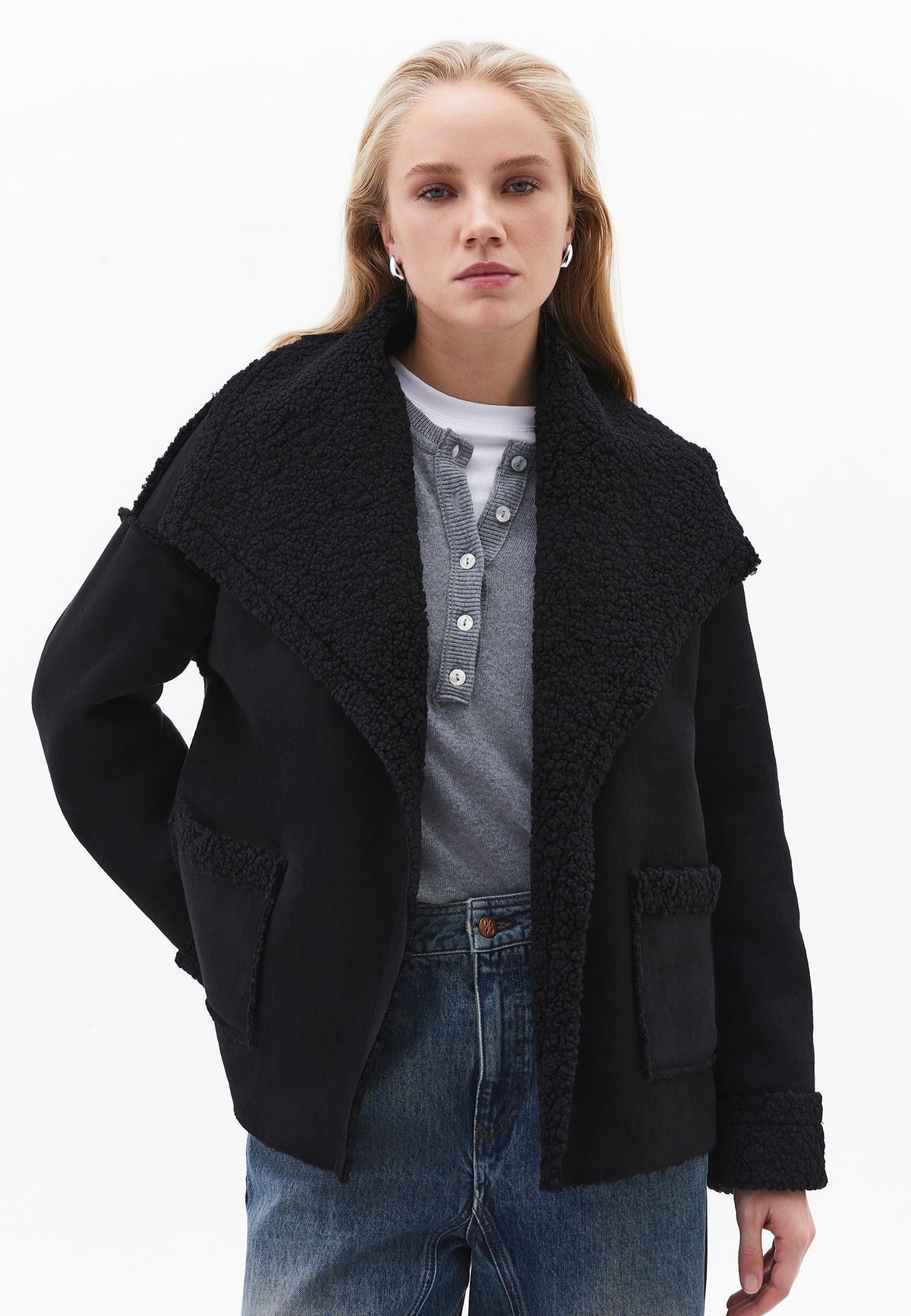 Shawl Collar Long Sleeve Bouclé Jacket - BLACK