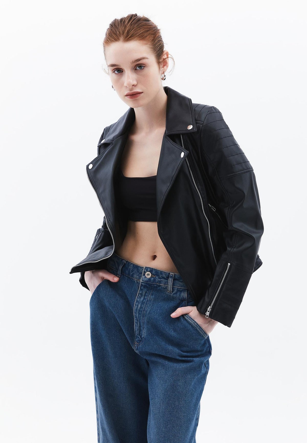Long Sleeve Leather Jacket With Zipper Detail - BLACK