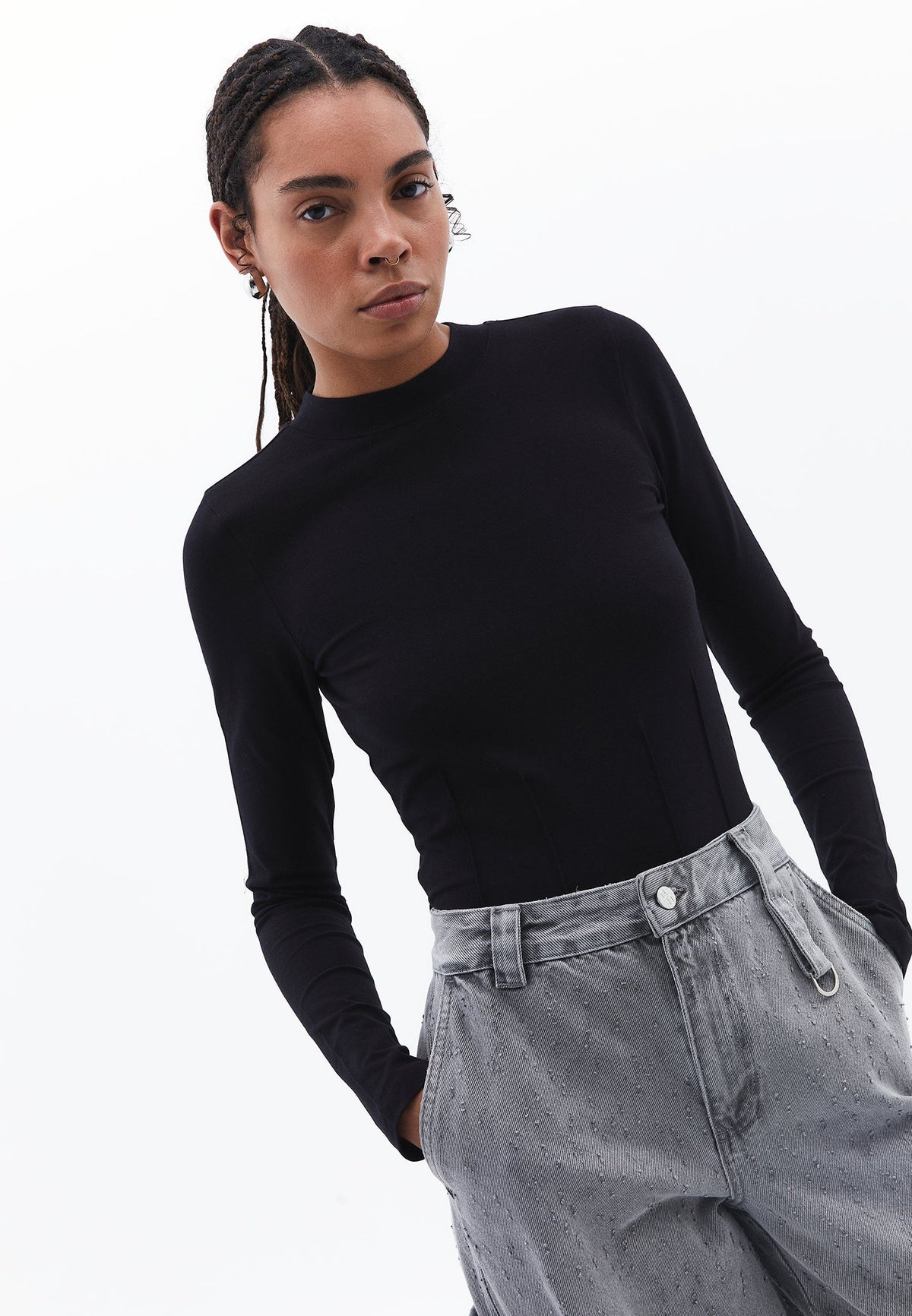 High Neck Long Sleeve T-Shirt - BLACK