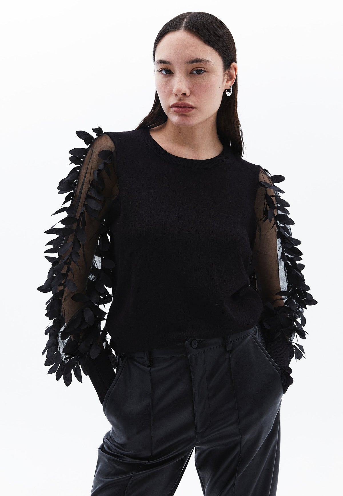 Transparent Crew Neck Standard Knit Sweater - BLACK
