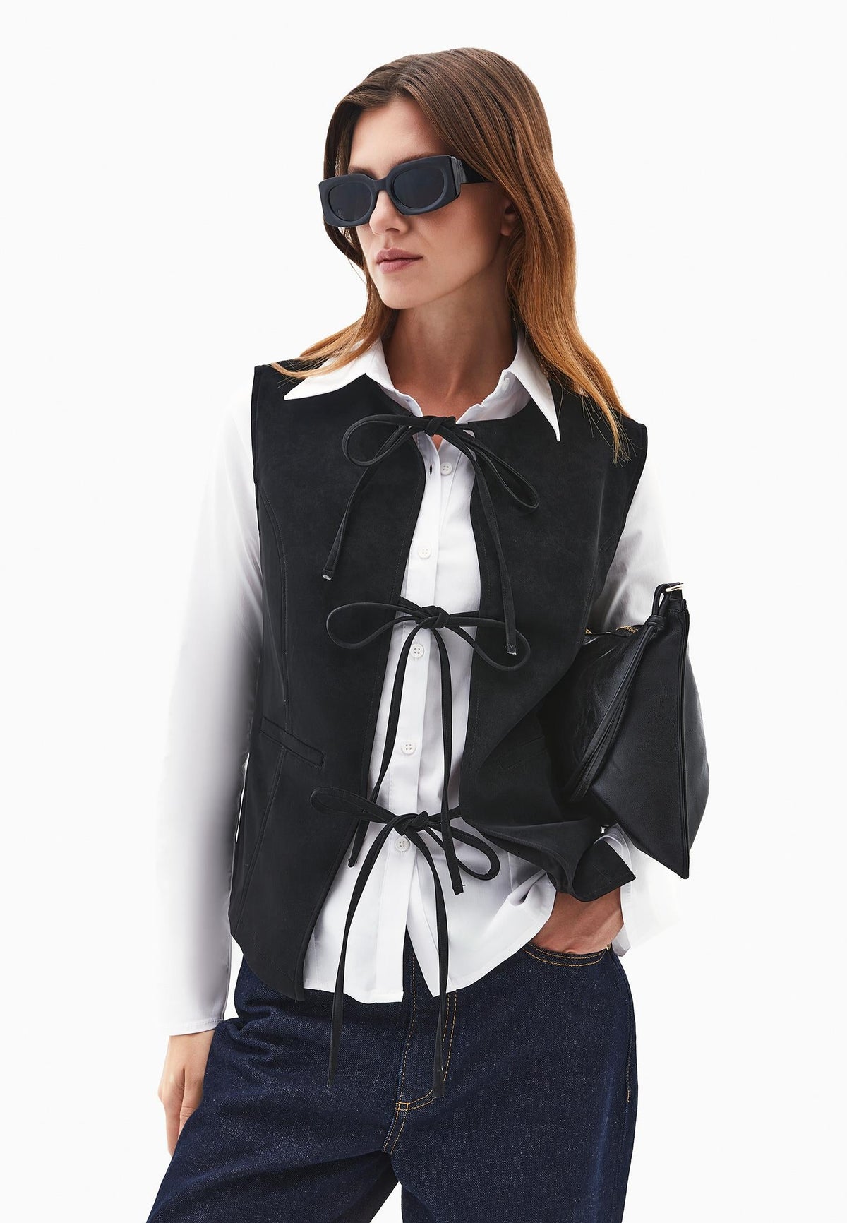 Tie Waist Suede Vest - BLACK