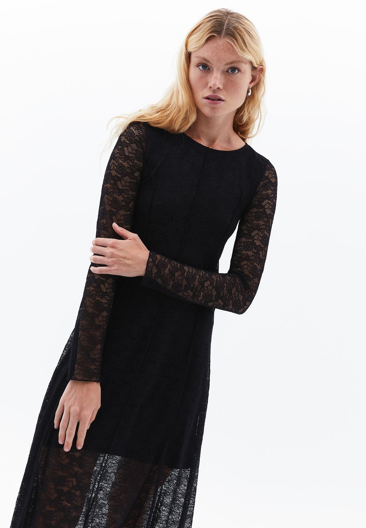 A-Line Long Crew Neck Cut-Out Detailed Dress - BLACK