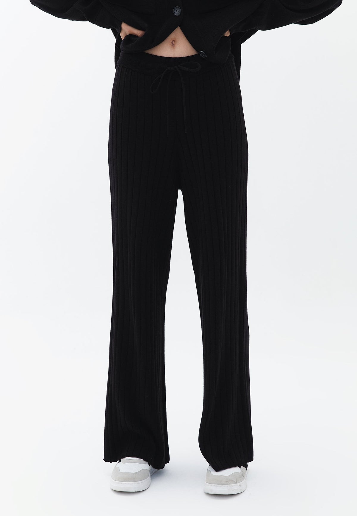Ribbed Straight Leg Comfortable Knit Pants - BLACK