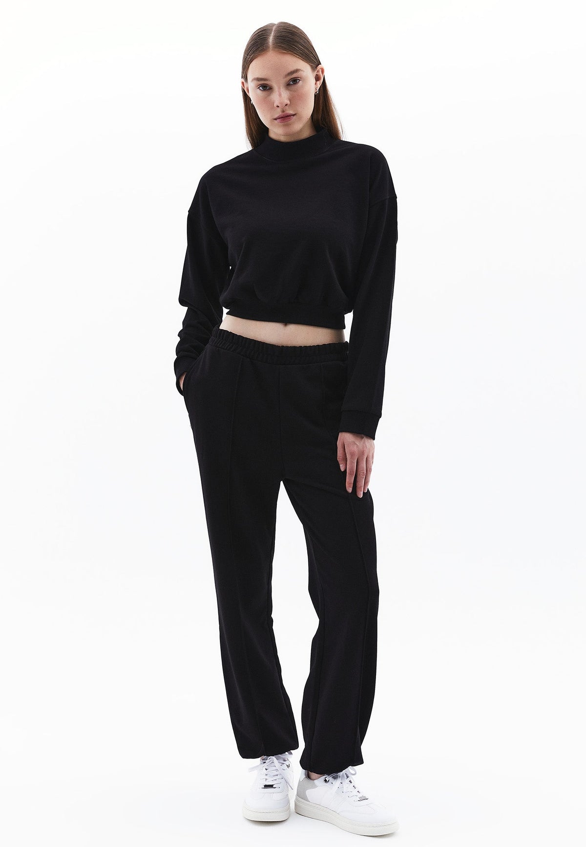 High Neck Long Sleeve Cropped Sweatshirt - BLACK