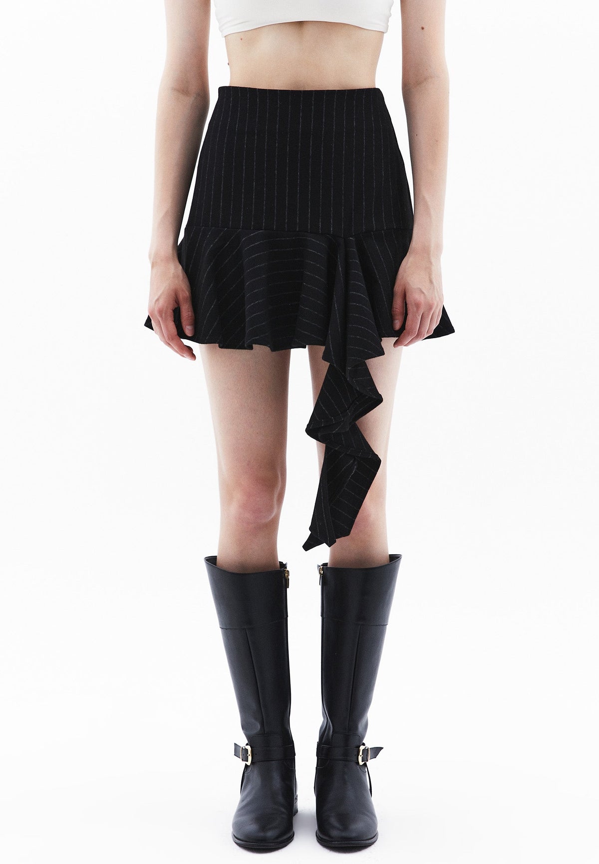 Asymmetric Striped Flared Short Skirt - BLACK