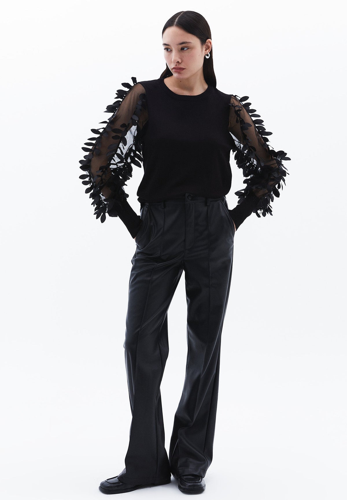 Transparent Crew Neck Standard Knit Sweater - BLACK