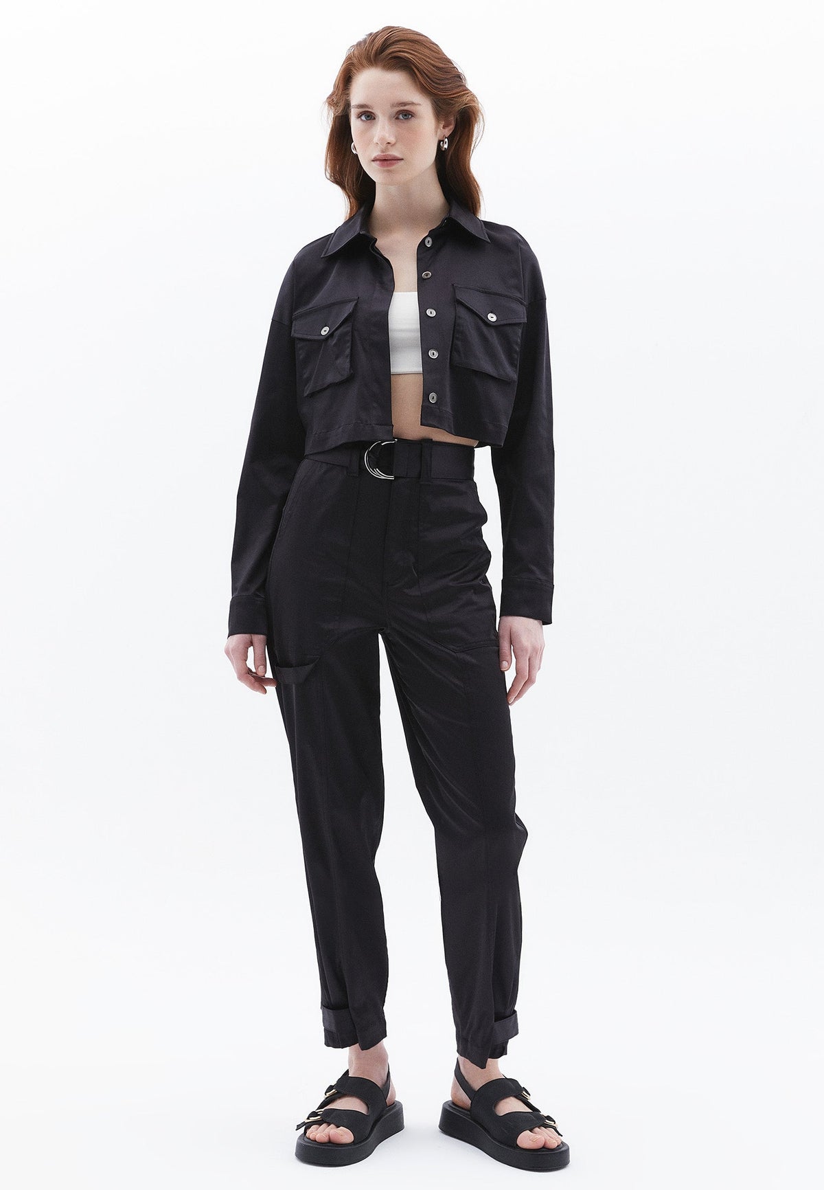 Cropped Shirt With Pocket Detail And Loose Fit - BLACK