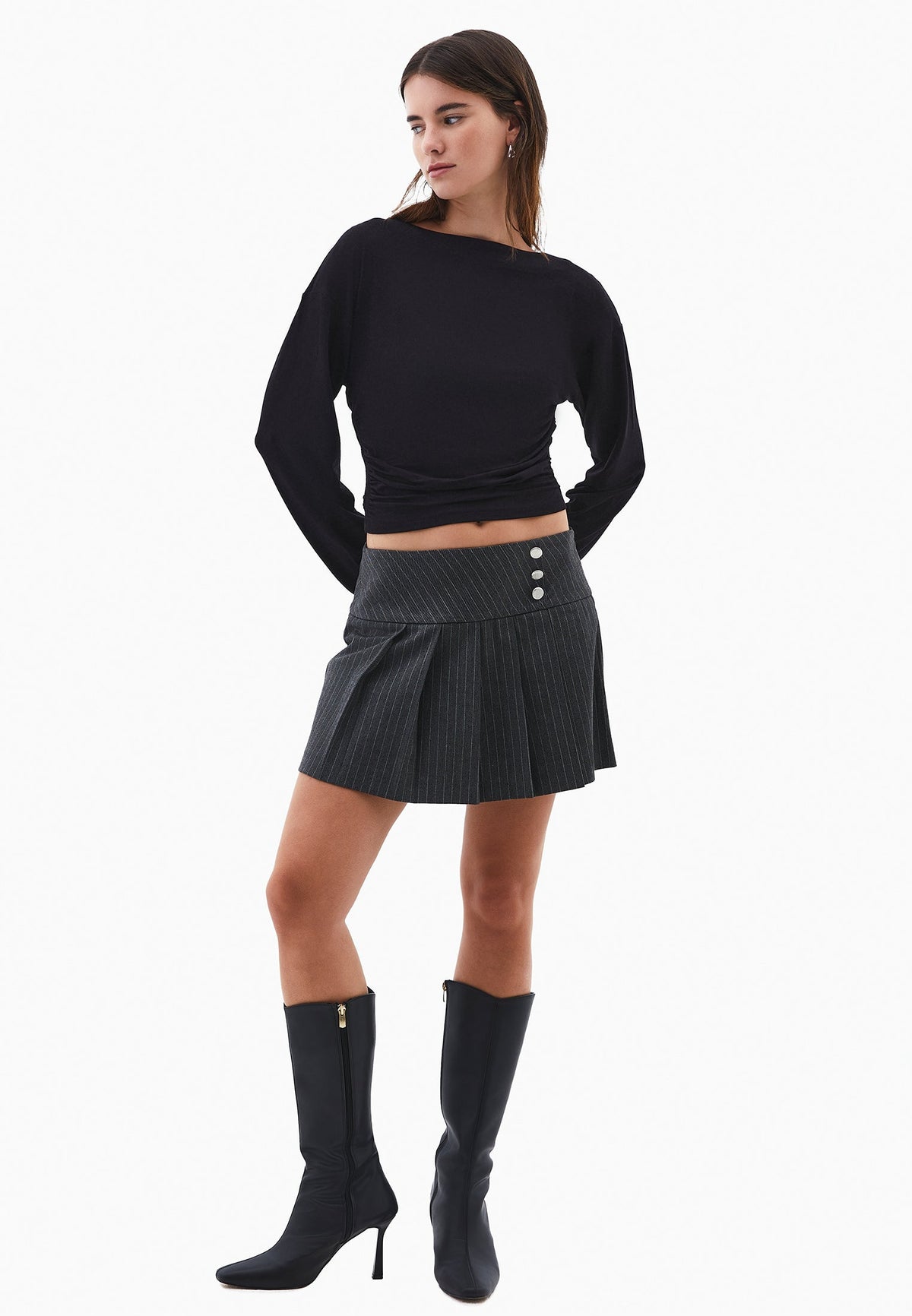 Boat Neck Long Sleeve T-Shirt - BLACK
