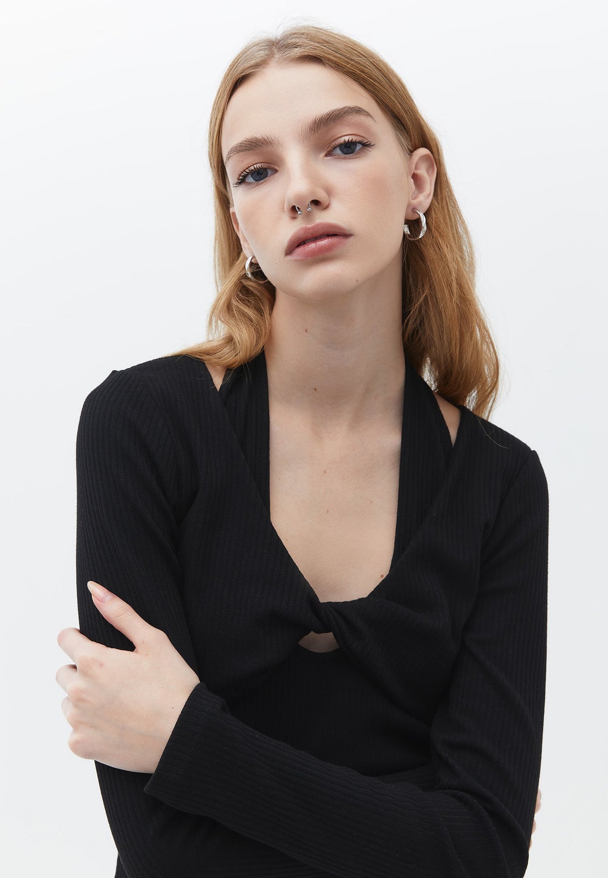 V Neck With Twisted Waist Long Sleeve Dress - BLACK