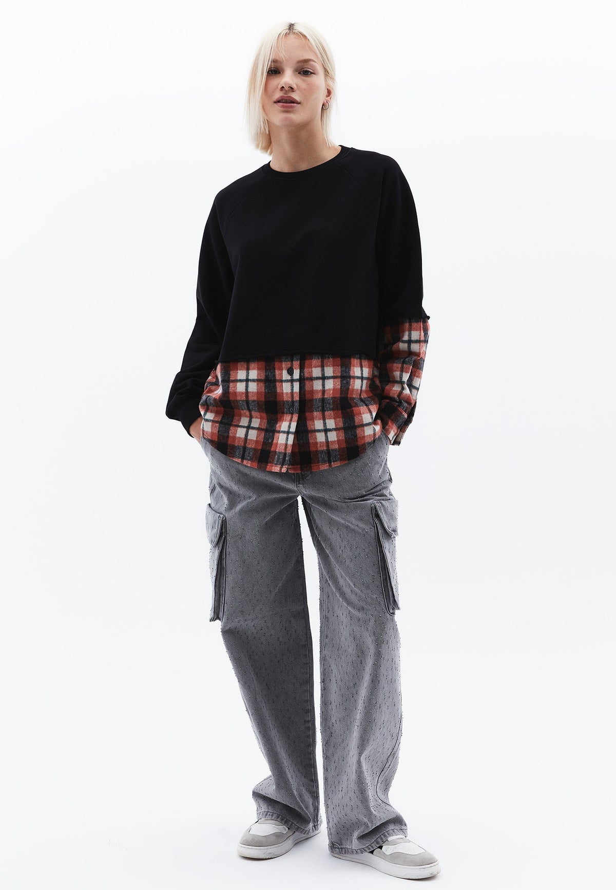 Oversize Asymmetric Plaid Sweat Tunic - BLACK