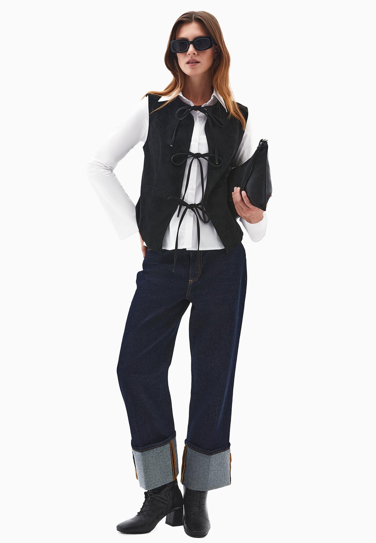Tie Waist Suede Vest - BLACK