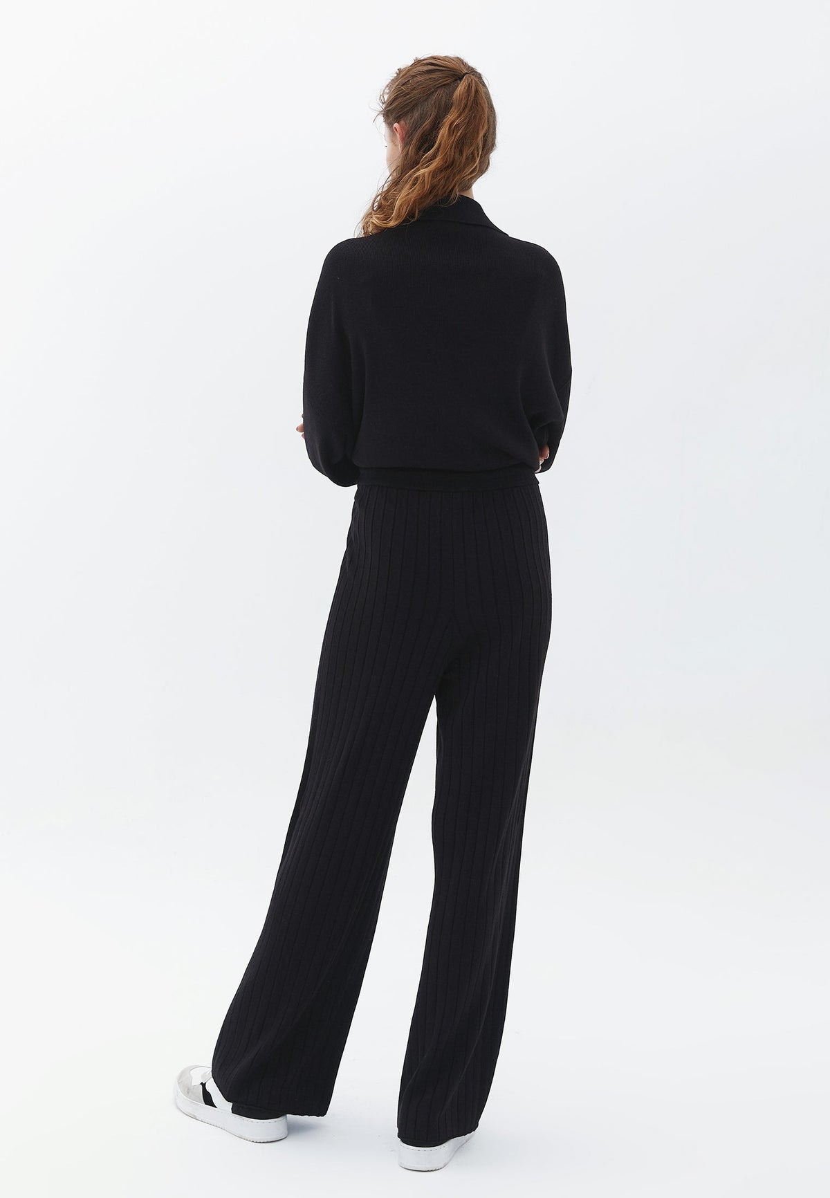 Ribbed Straight Leg Comfortable Knit Pants - BLACK