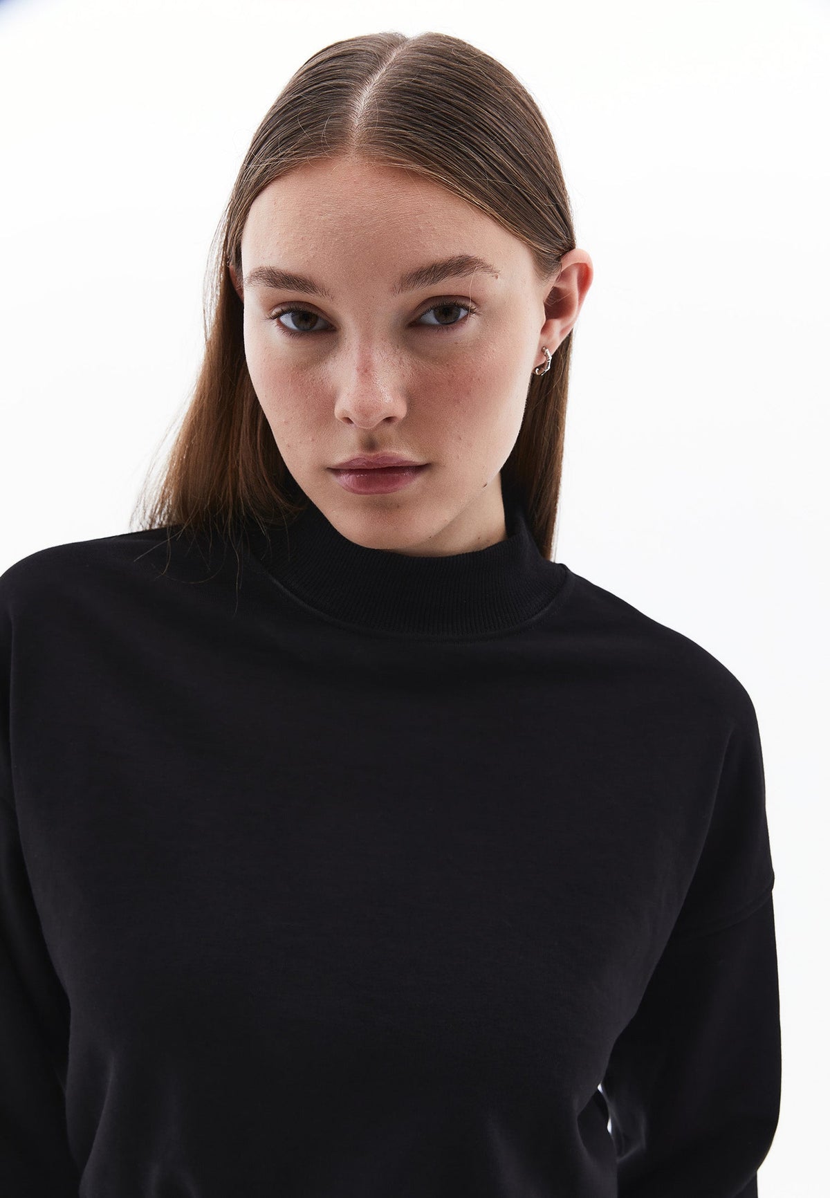 High Neck Long Sleeve Cropped Sweatshirt - BLACK
