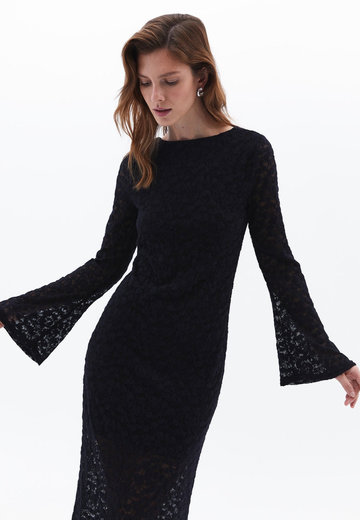 Boat Neck Long Dress - BLACK