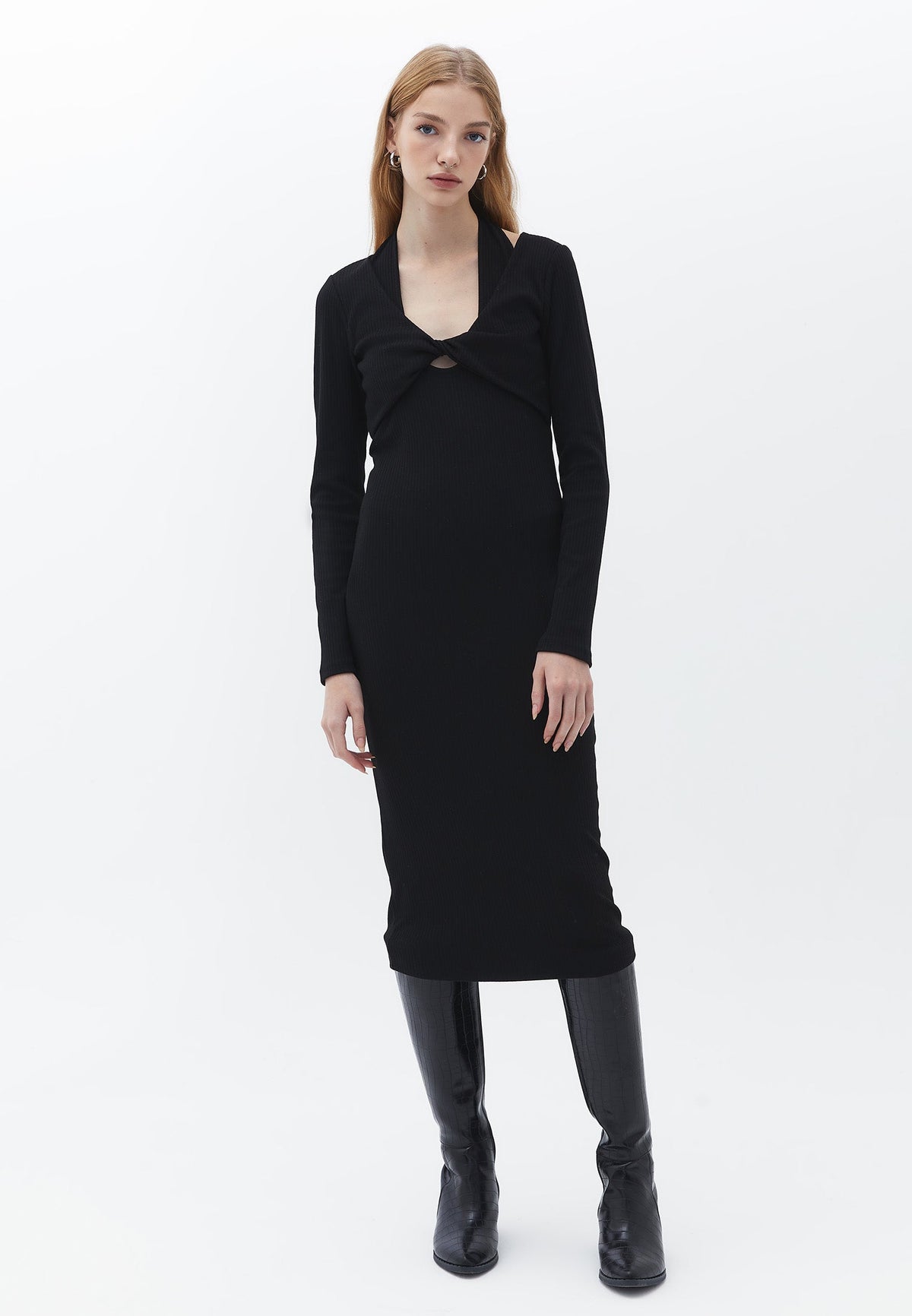 V Neck With Twisted Waist Long Sleeve Dress - BLACK