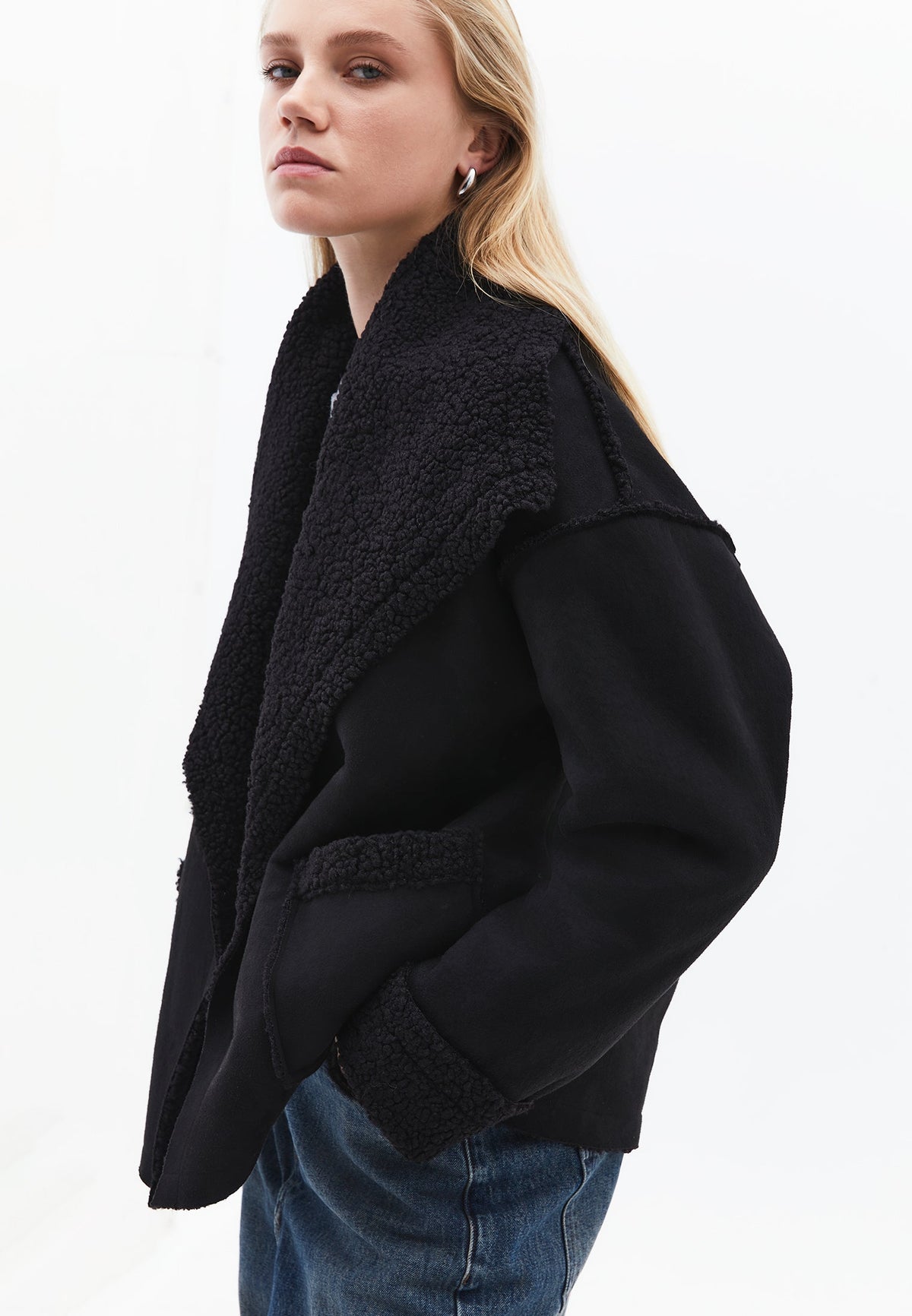 Shawl Collar Long Sleeve Bouclé Jacket - BLACK