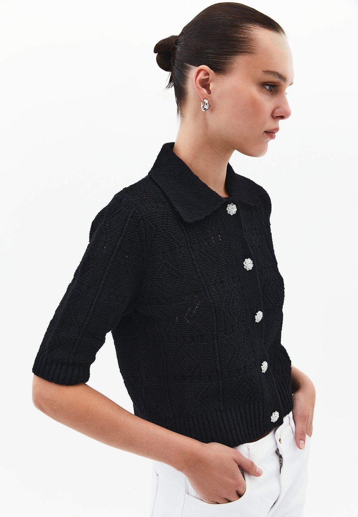 Ajour Short Cardigan With Polo Collar - BLACK