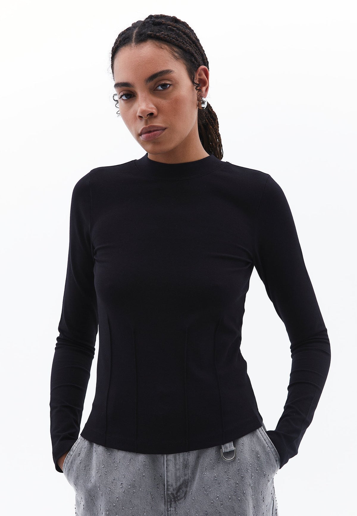 High Neck Long Sleeve T-Shirt - BLACK