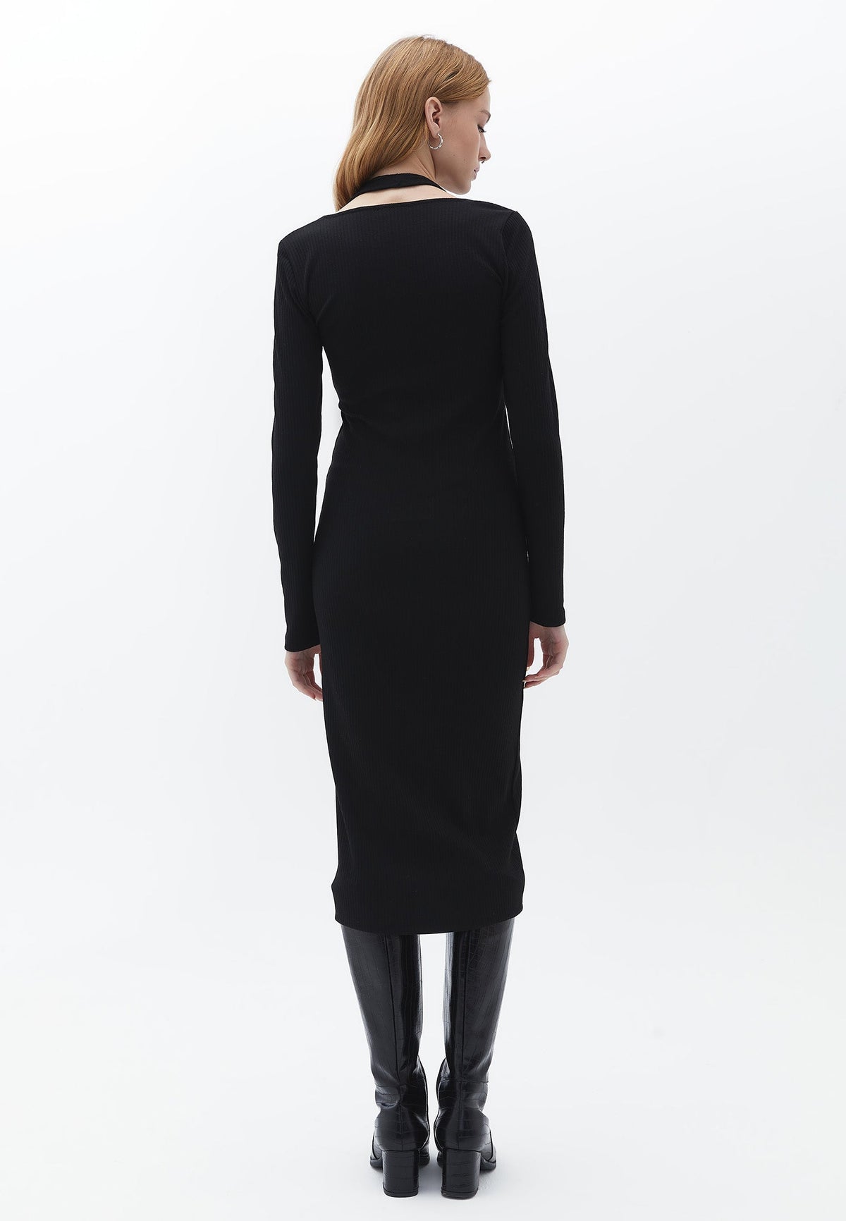 V Neck With Twisted Waist Long Sleeve Dress - BLACK