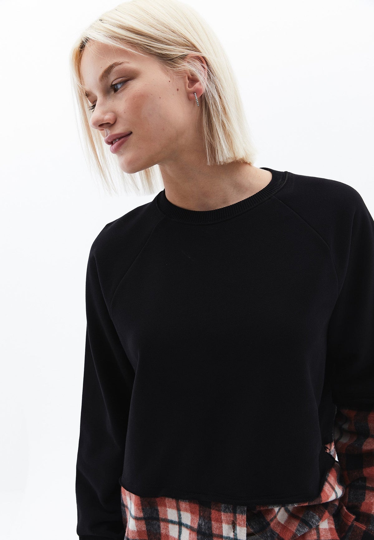 Oversize Asymmetric Plaid Sweat Tunic - BLACK