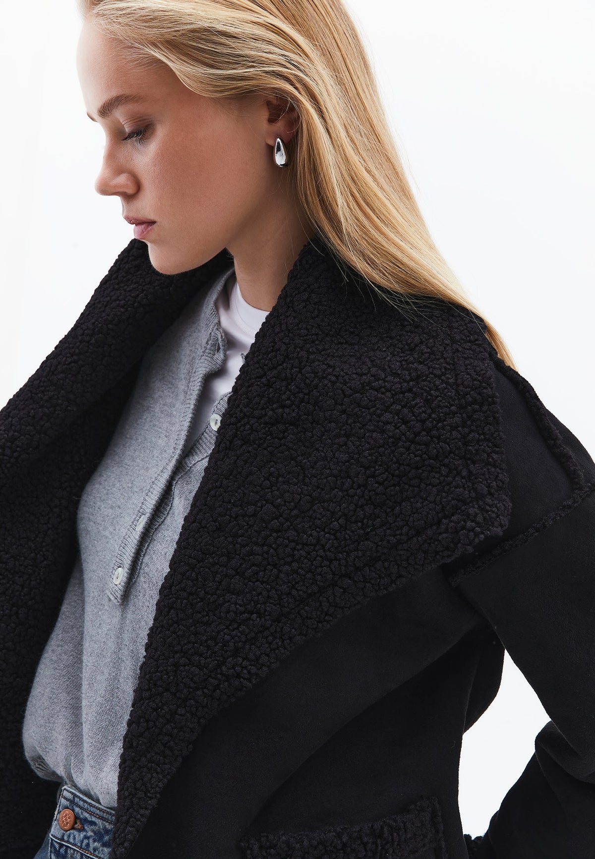 Shawl Collar Long Sleeve Bouclé Jacket - BLACK