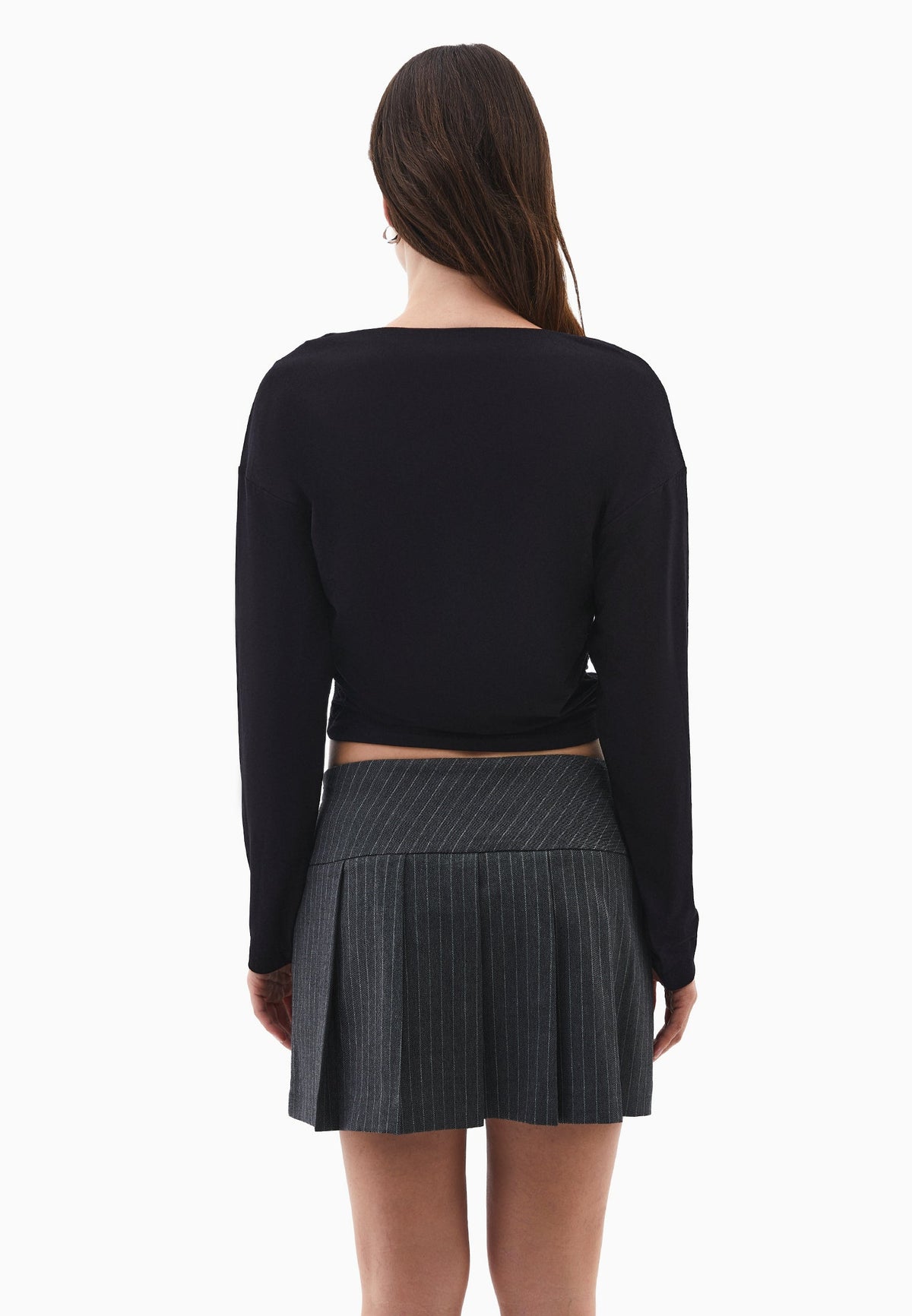 Boat Neck Long Sleeve T-Shirt - BLACK