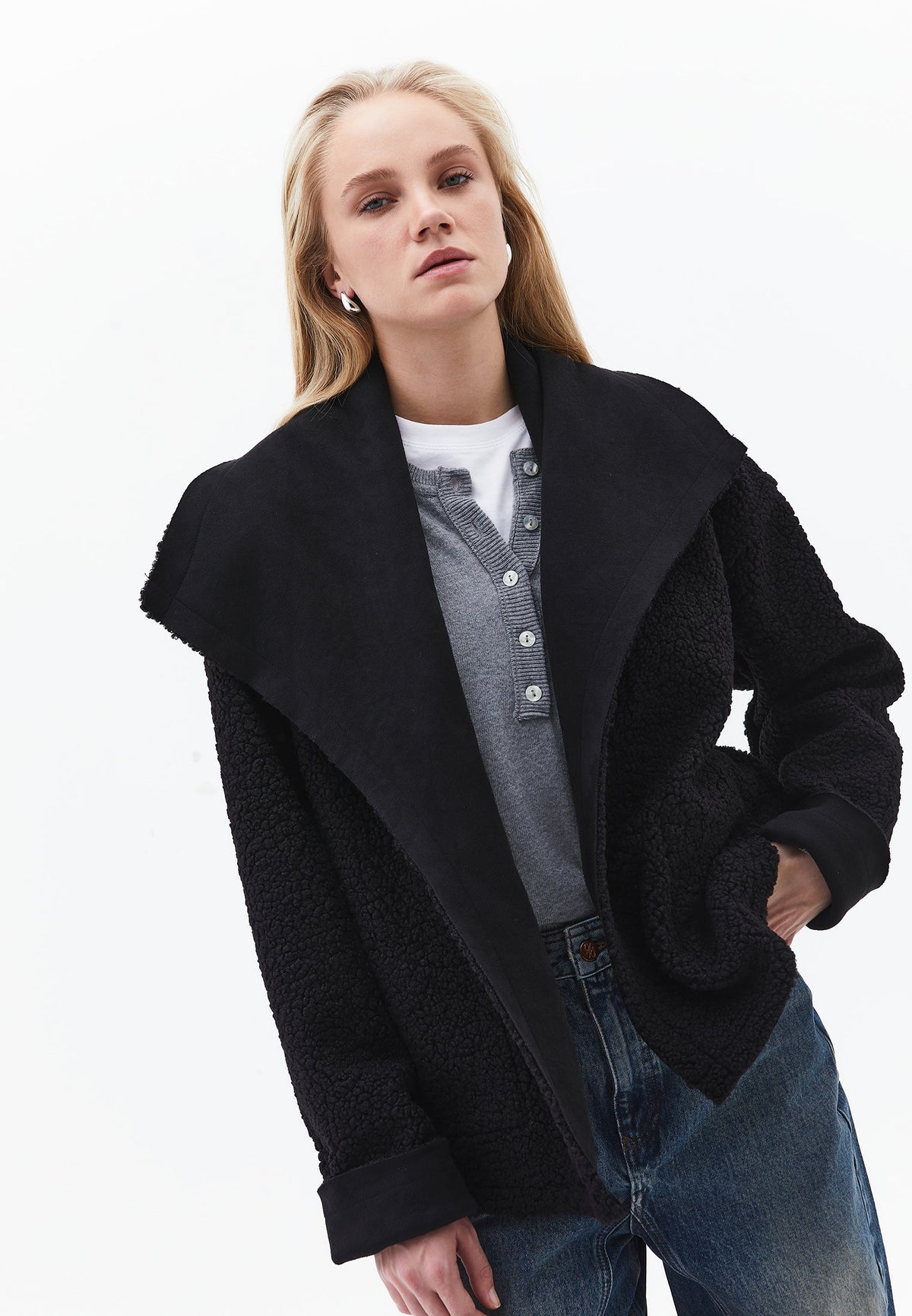Shawl Collar Long Sleeve Bouclé Jacket - BLACK
