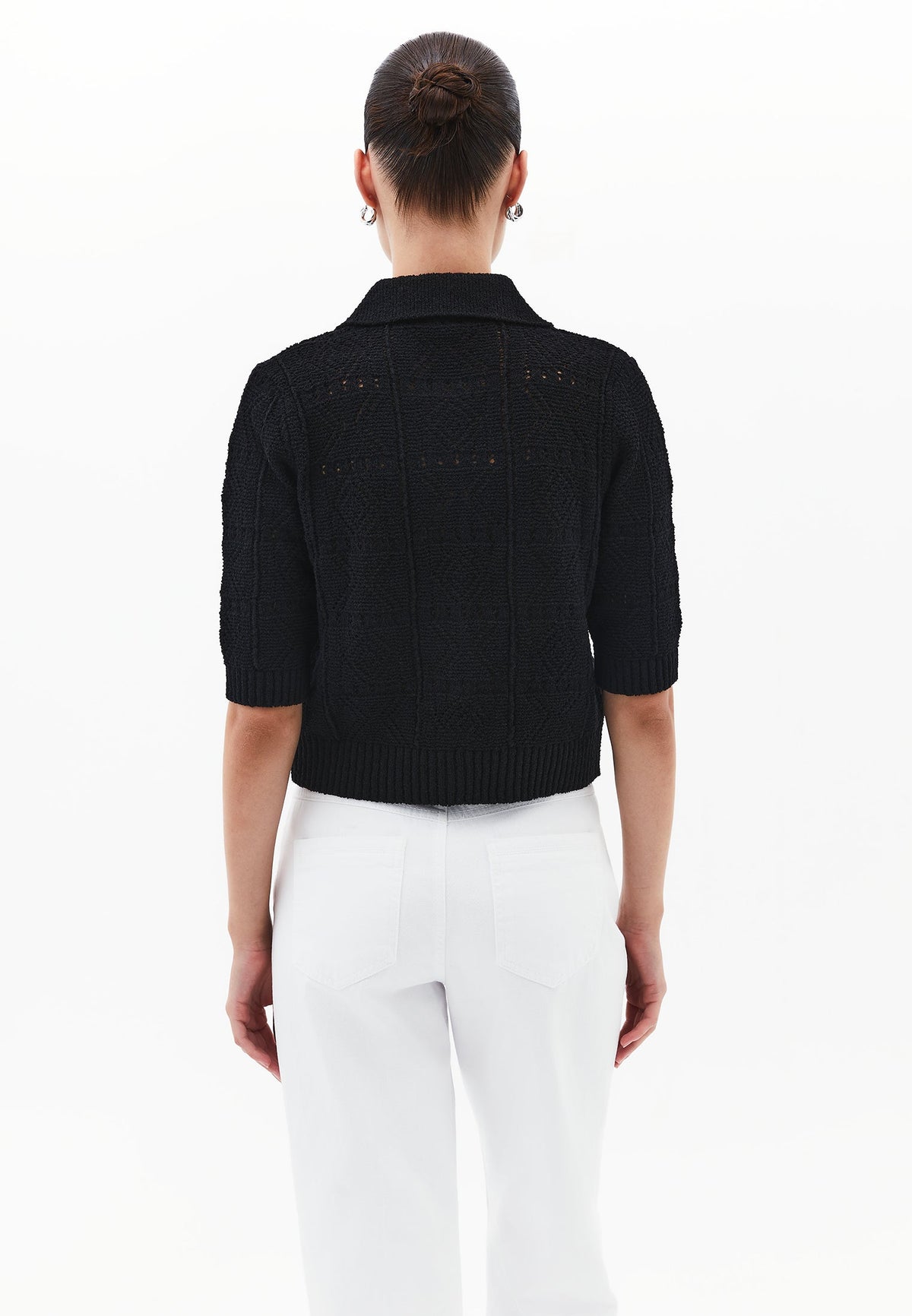 Ajour Short Cardigan With Polo Collar - BLACK