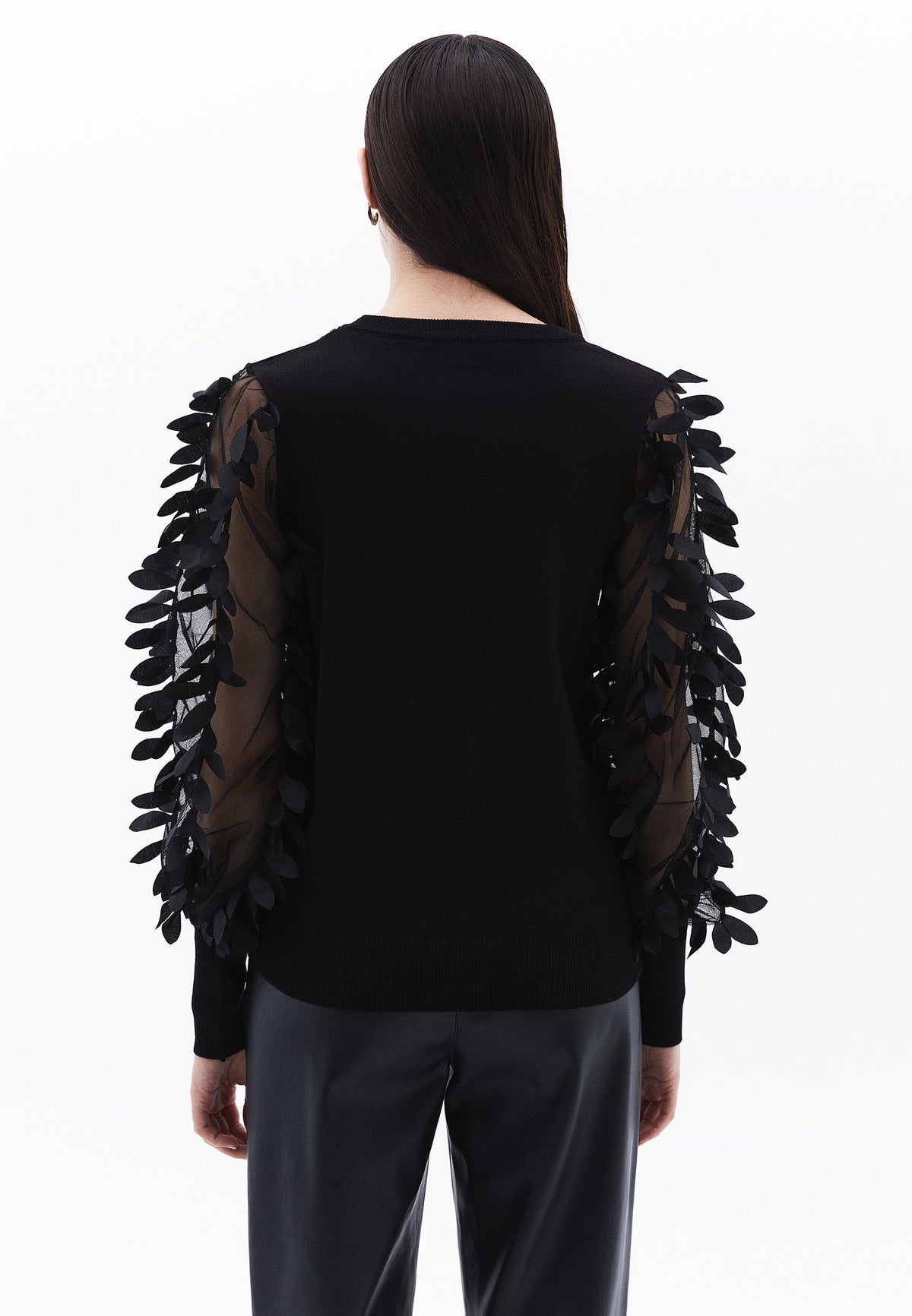 Transparent Crew Neck Standard Knit Sweater - BLACK