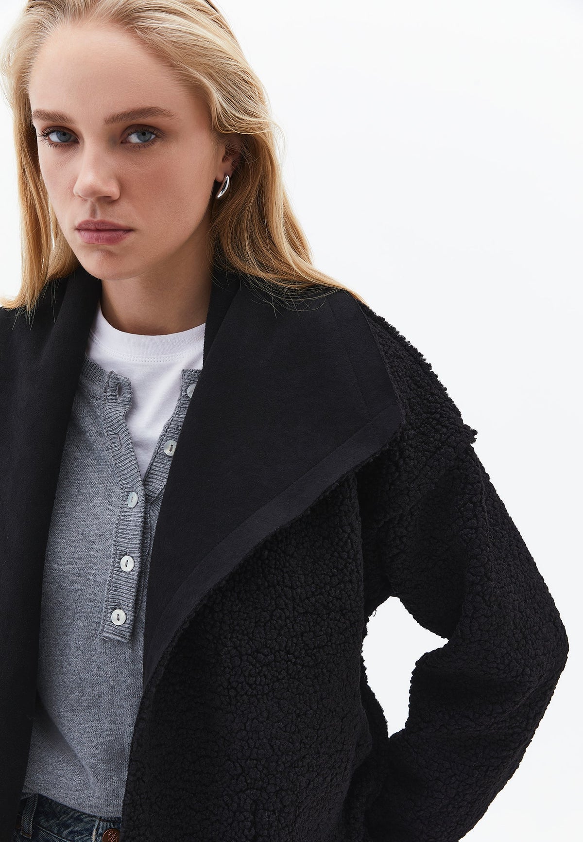 Shawl Collar Long Sleeve Bouclé Jacket - BLACK