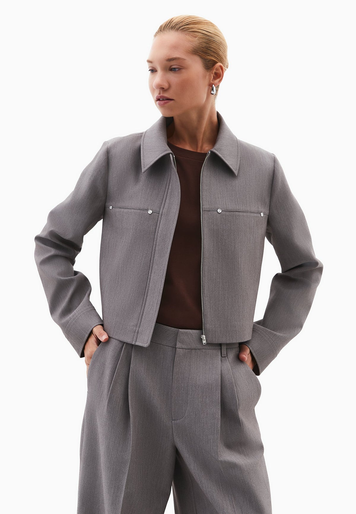 Short Jacket With Shirt Collar - BRUSHED NICKEL