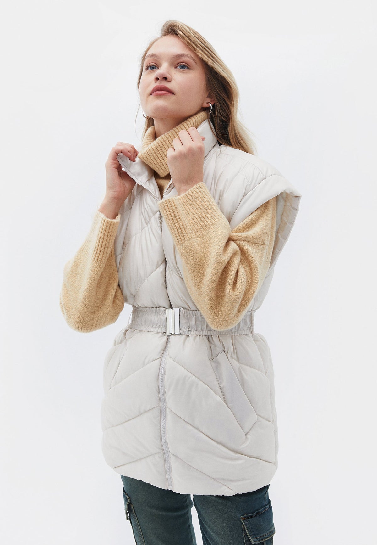 Vest With Belted Collar Detail - BUTTERCREAM