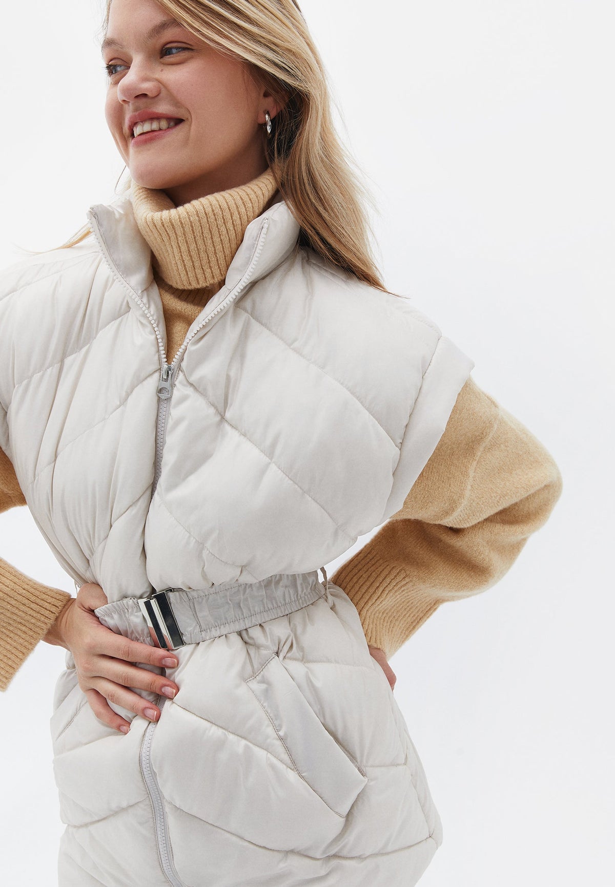 Vest With Belted Collar Detail - BUTTERCREAM